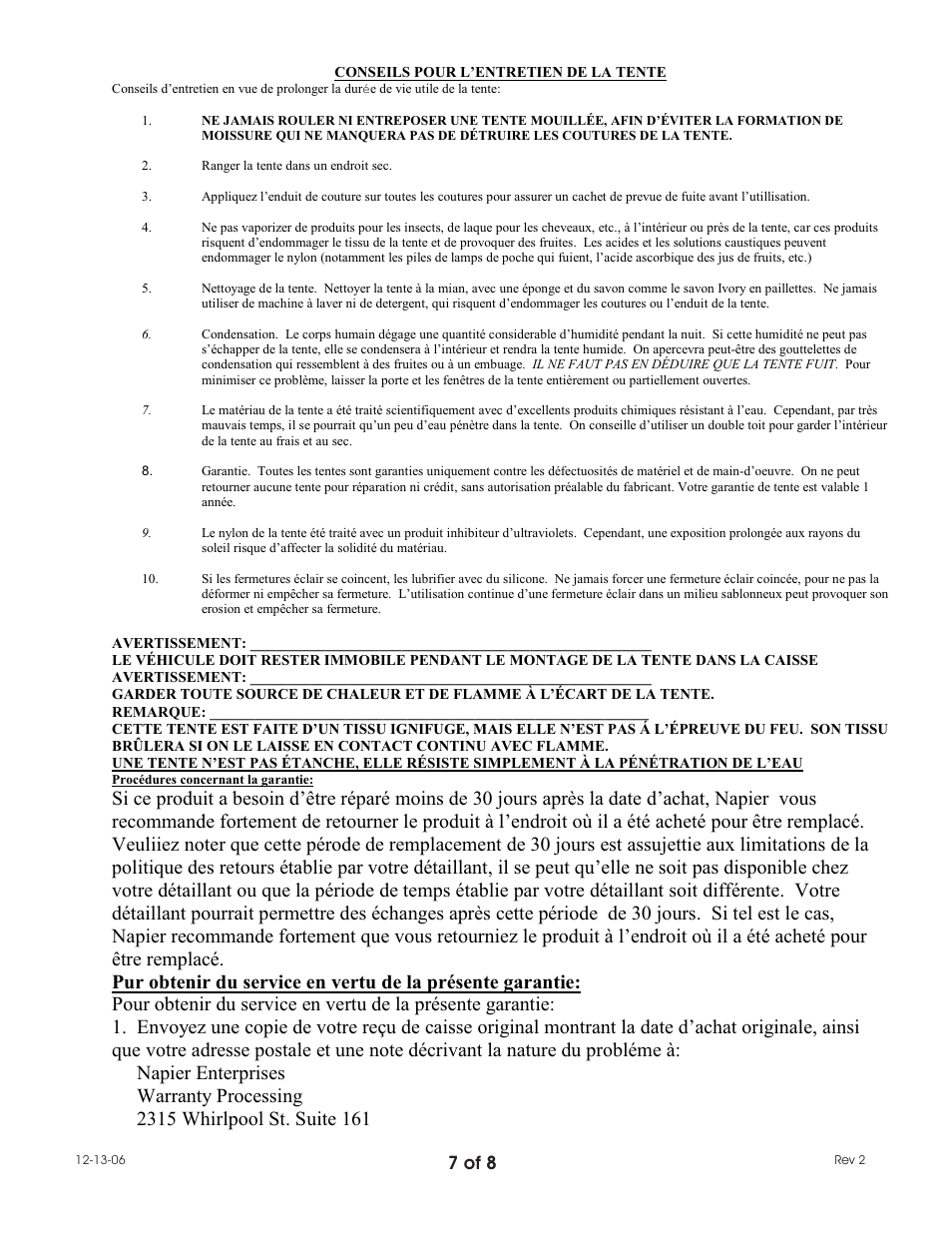 7 of 8 | Napier 80000 SUV Tent User Manual | Page 7 / 8