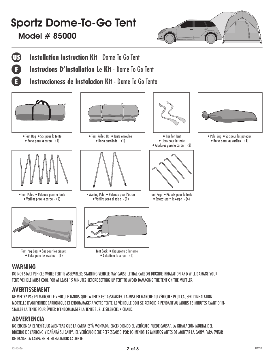 Sportz dome-to-go tent | Napier 85000 Dome To Go Tent User Manual | Page 2 / 8