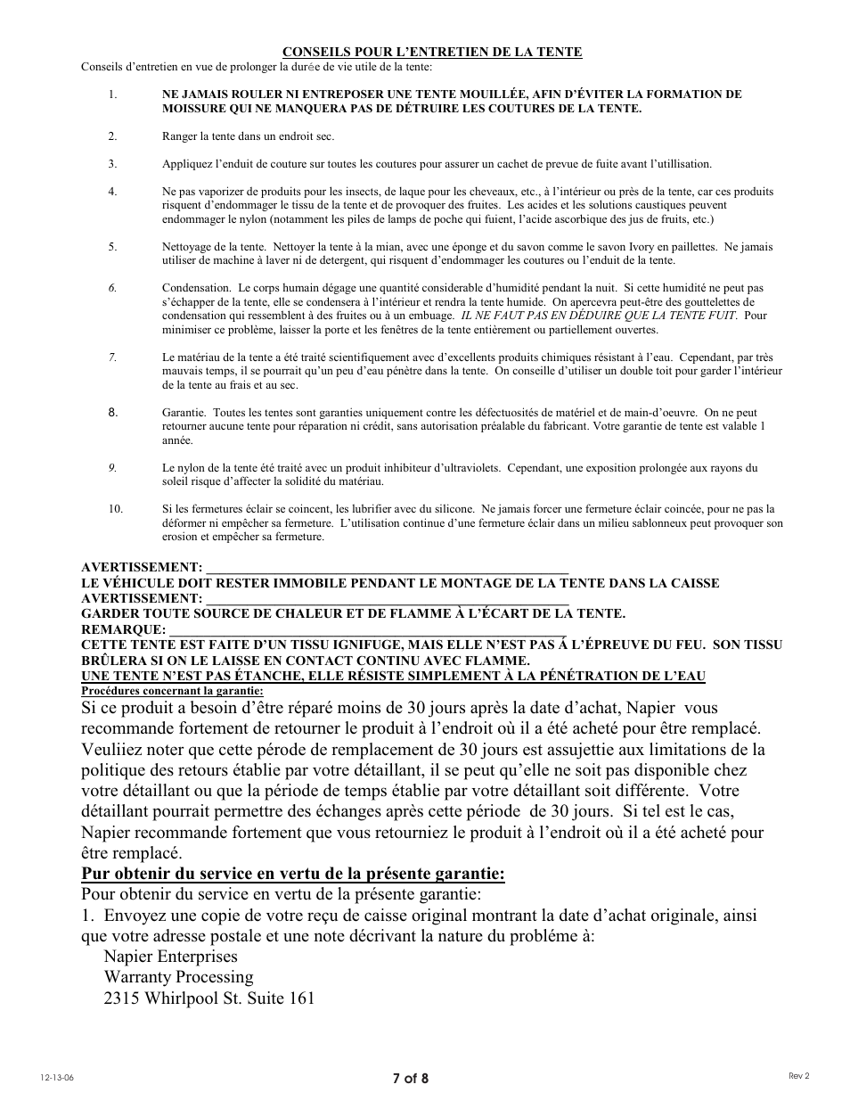 Napier 85000 Dome To Go Tent User Manual | Page 7 / 8