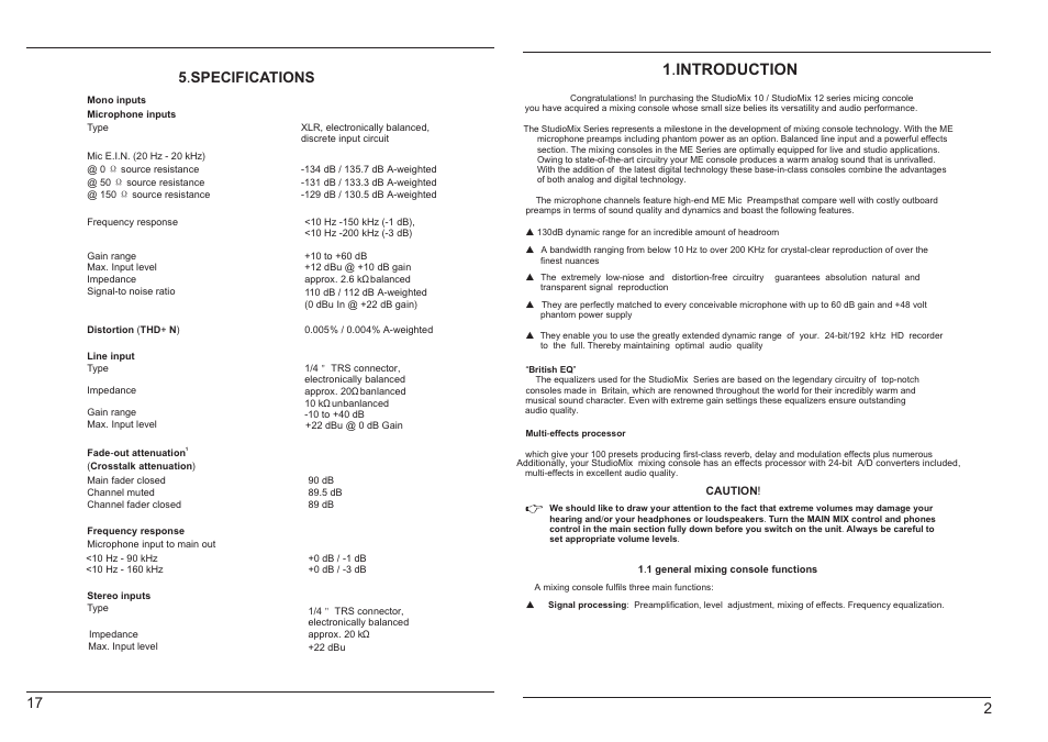 1 . introduction, 5 . specifications | Jammin Pro StudioMix 10 User Manual | Page 5 / 12