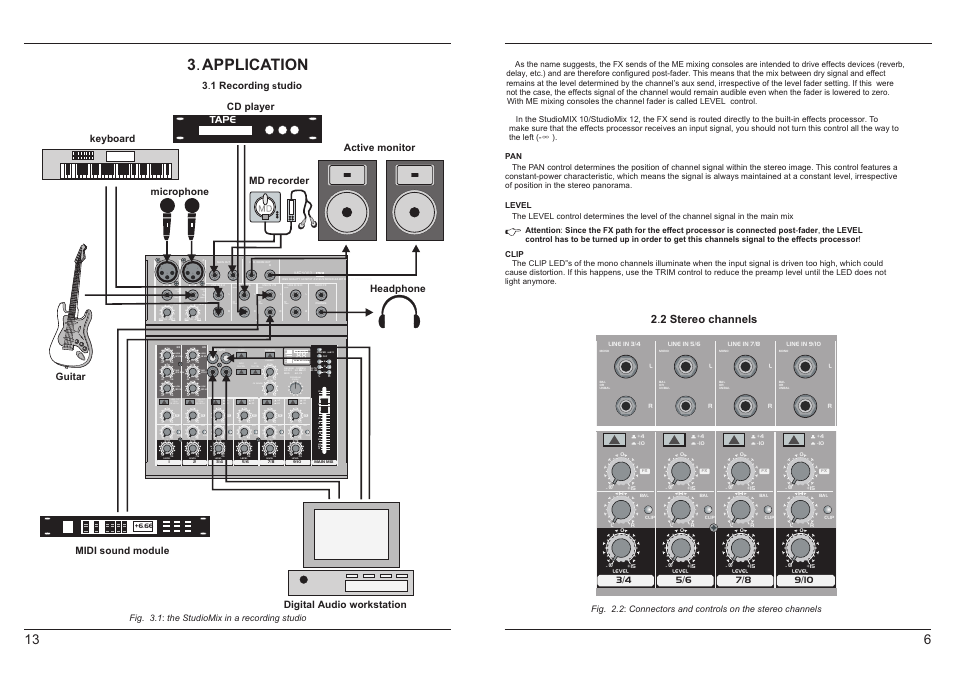 3 . application, Db / dbu bal or unbal, Mono bal or unbal | 2 . 2 stereo channels, Tape, 3 . 1 recording, Tudio headphone md recorder, Fig . 3 . 1 : the studiomix in a recording studio | Jammin Pro StudioMix 10 User Manual | Page 9 / 12