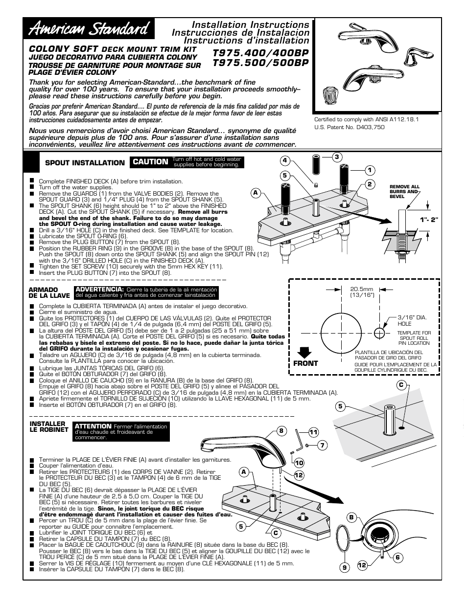 American Standard M968757D User Manual | 12 pages