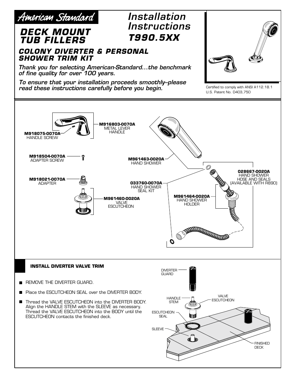 Installation instructions, Deck mount tub fillers, T990.5xx | Colony diverter & personal shower trim kit | American Standard M968757D User Manual | Page 5 / 12