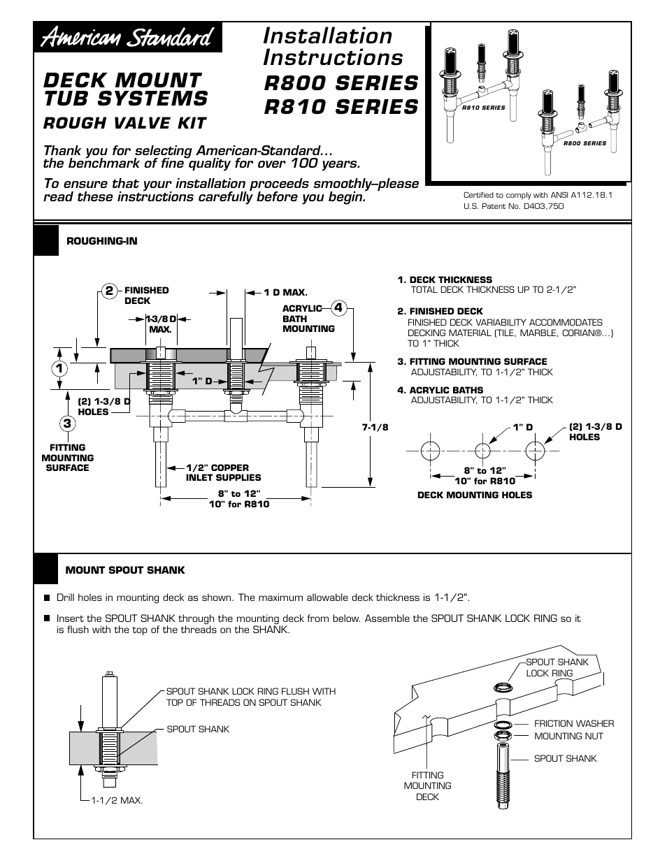 Installation instructions, Deck mount tub systems, Rough valve kit | American Standard M968757D User Manual | Page 7 / 12