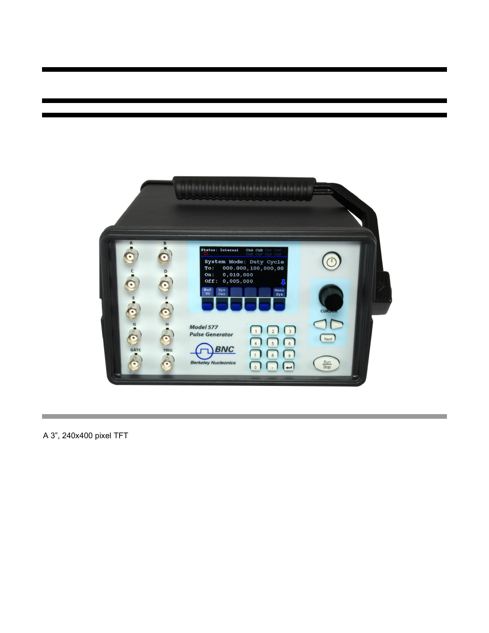 Model 577 front panel overview, Isplay, Ayout and | Ndicators, Lcd screen, 4 model 577 front panel overview, 1 display layout and indicators | BNC 577 User Manual | Page 10 / 50