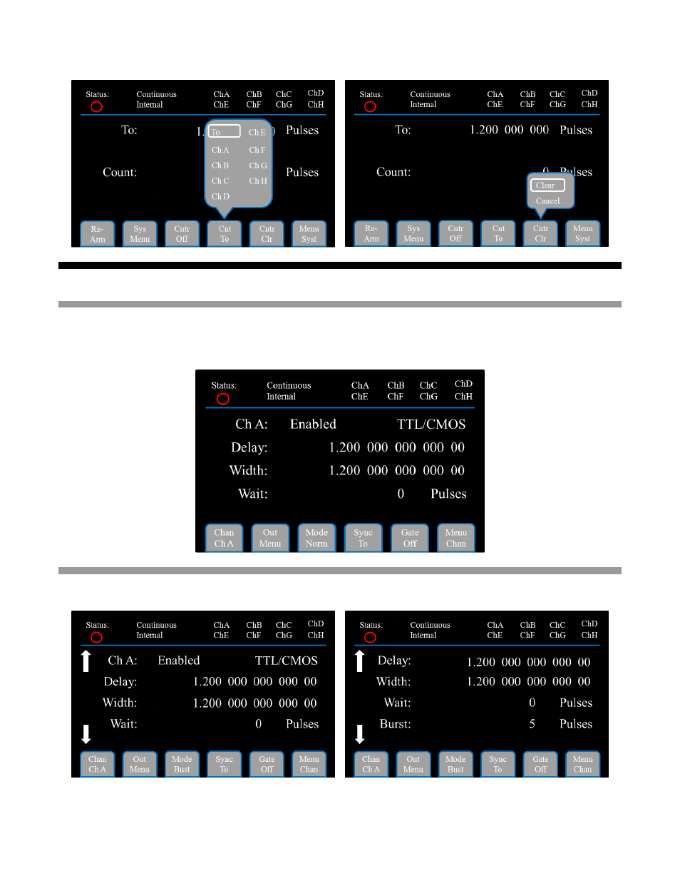 Hannel, Enus, Enabling channel output | Channel menu in burst mode, 3 channel menus | BNC 577 User Manual | Page 19 / 50