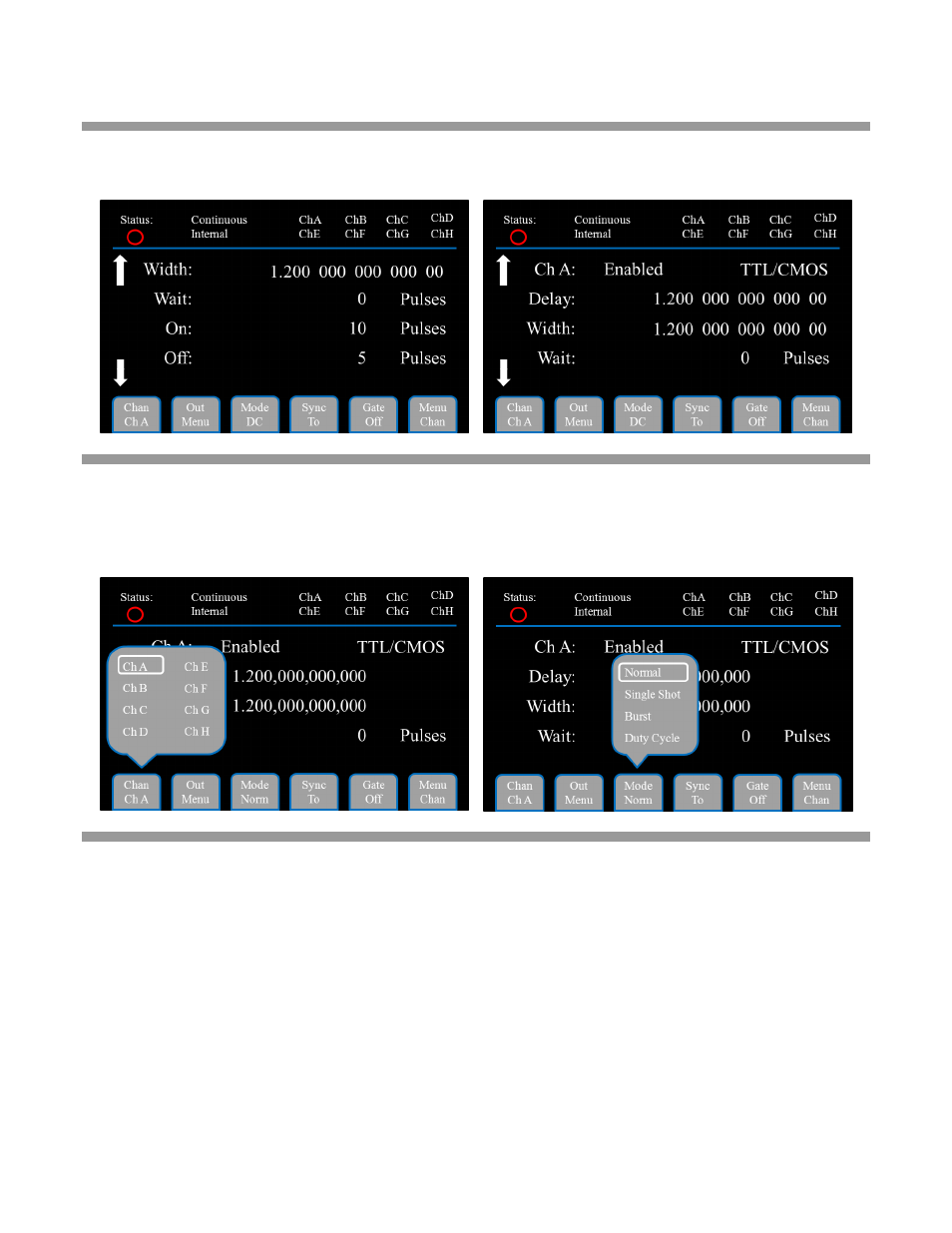Channel menu in duty cycle mode, Sync menu | BNC 577 User Manual | Page 20 / 50