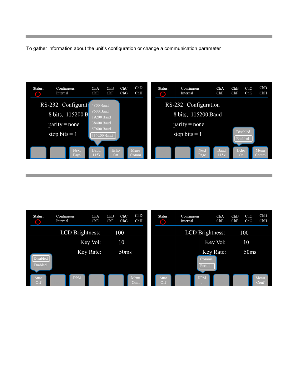 Communication configurations, Configuration menu | BNC 577 User Manual | Page 23 / 50