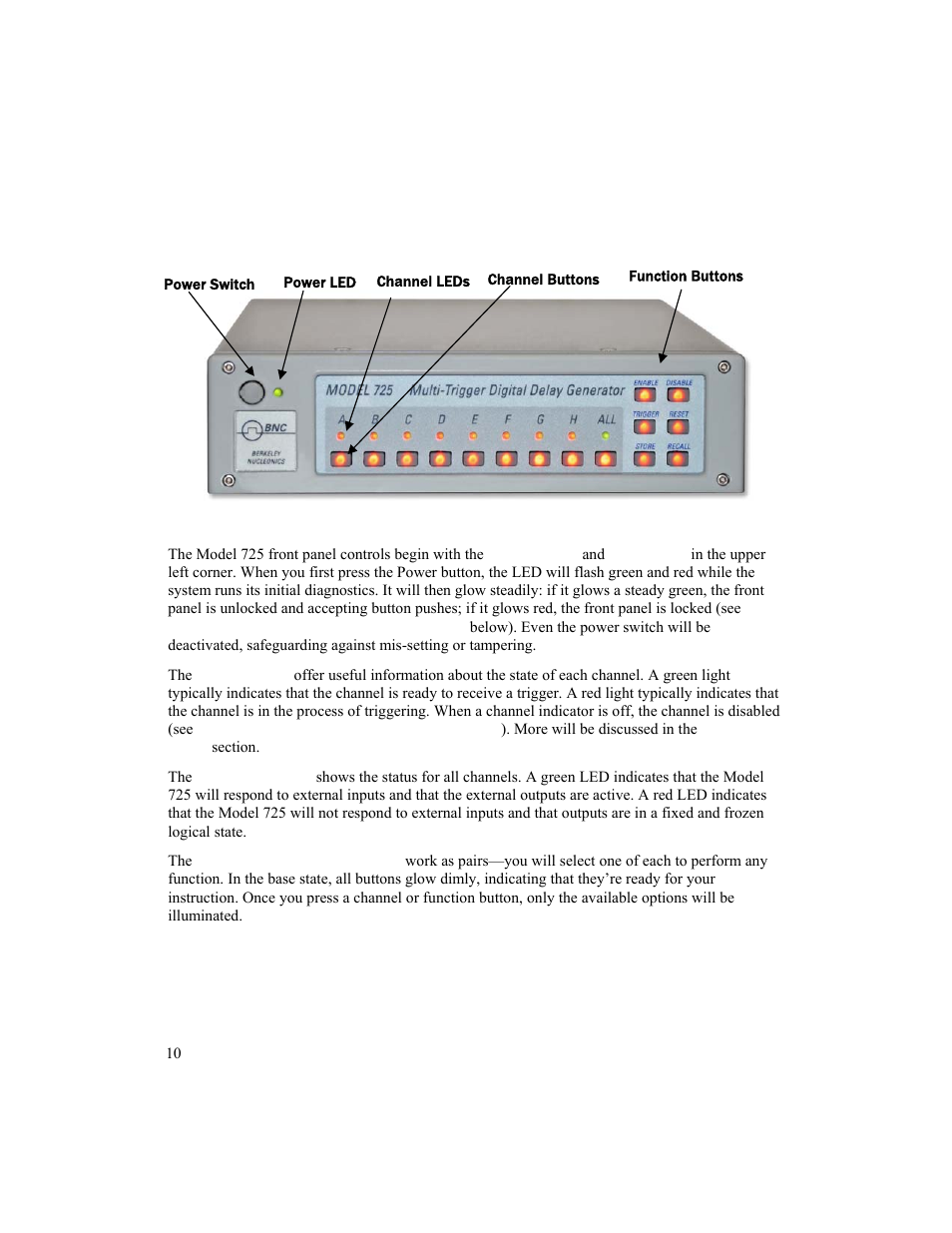 Front panel controls | BNC 725 User Manual | Page 10 / 63