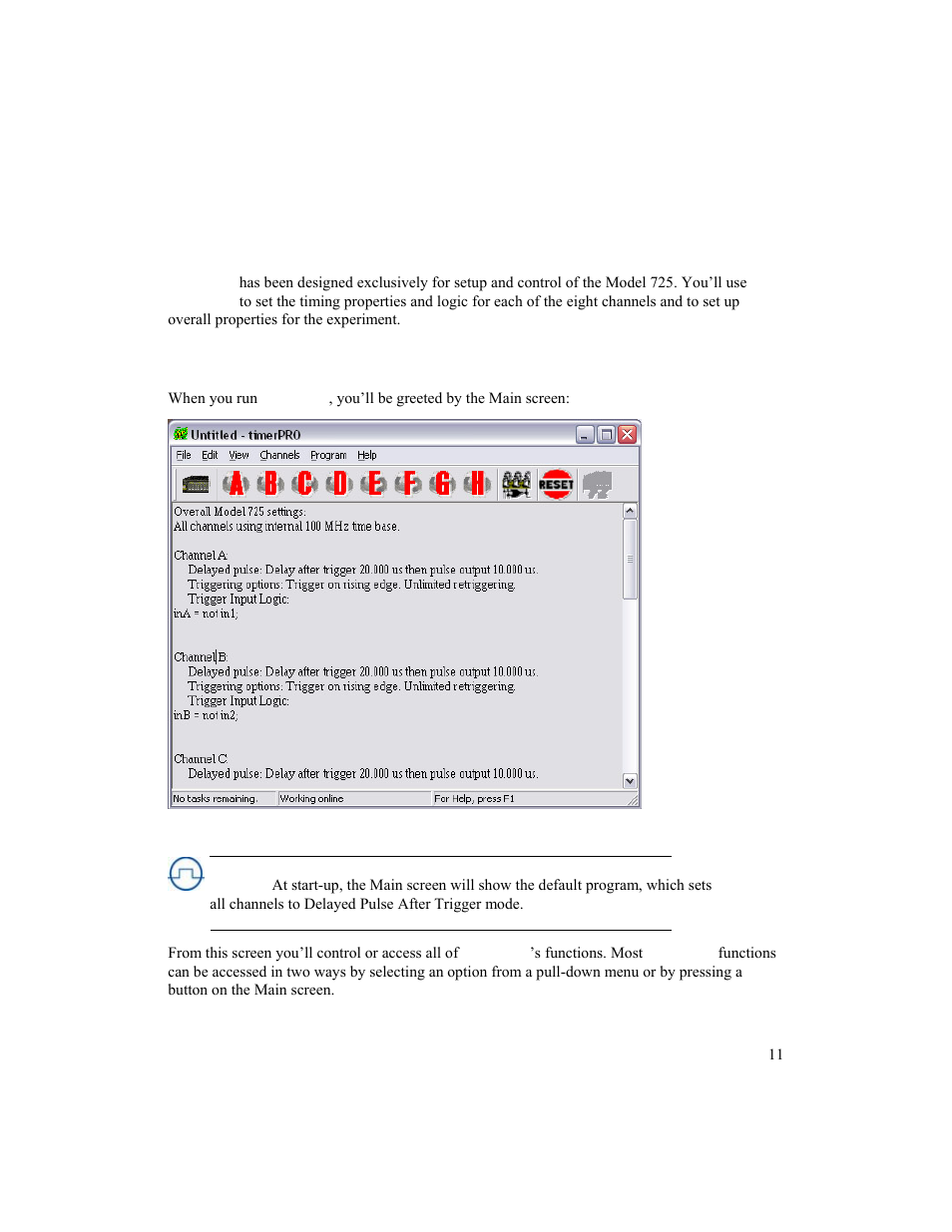 Main screen, Software interface | BNC 725 User Manual | Page 11 / 63