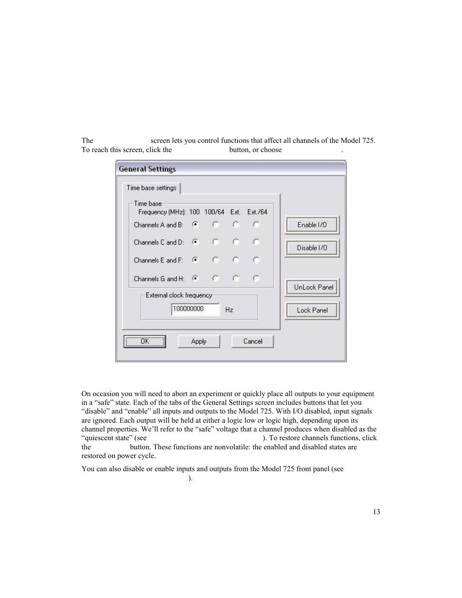 General settings, Disable/enable i/o | BNC 725 User Manual | Page 13 / 63