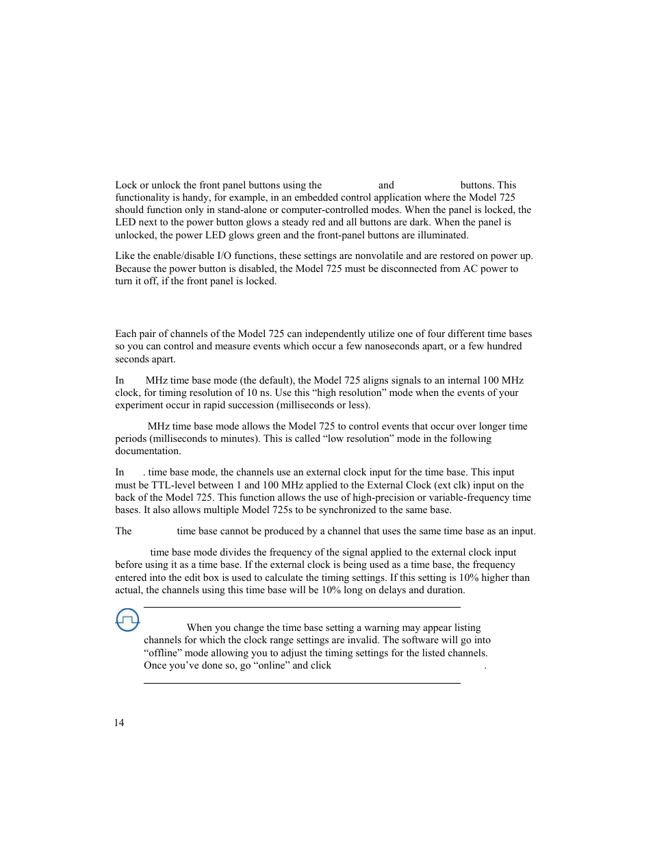 Lock/unlock panel, Time base settings | BNC 725 User Manual | Page 14 / 63
