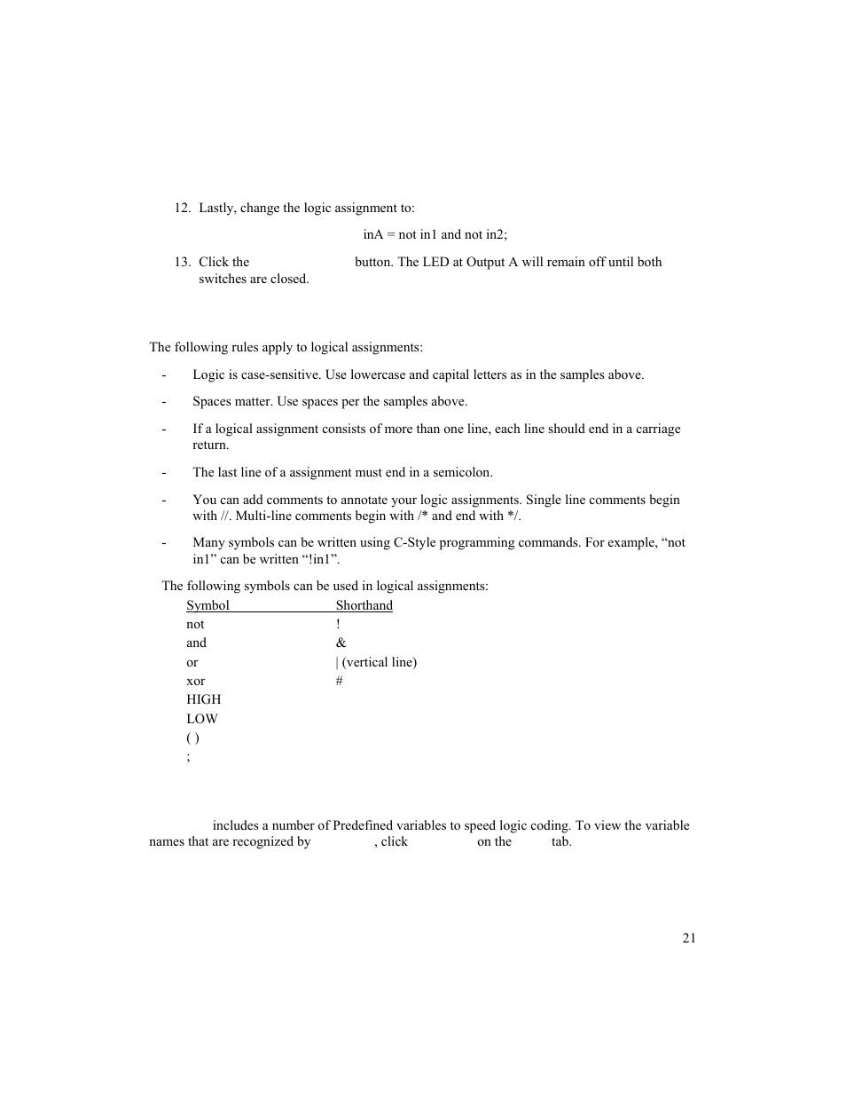 Rules for logical assignments, Predefined variables | BNC 725 User Manual | Page 21 / 63