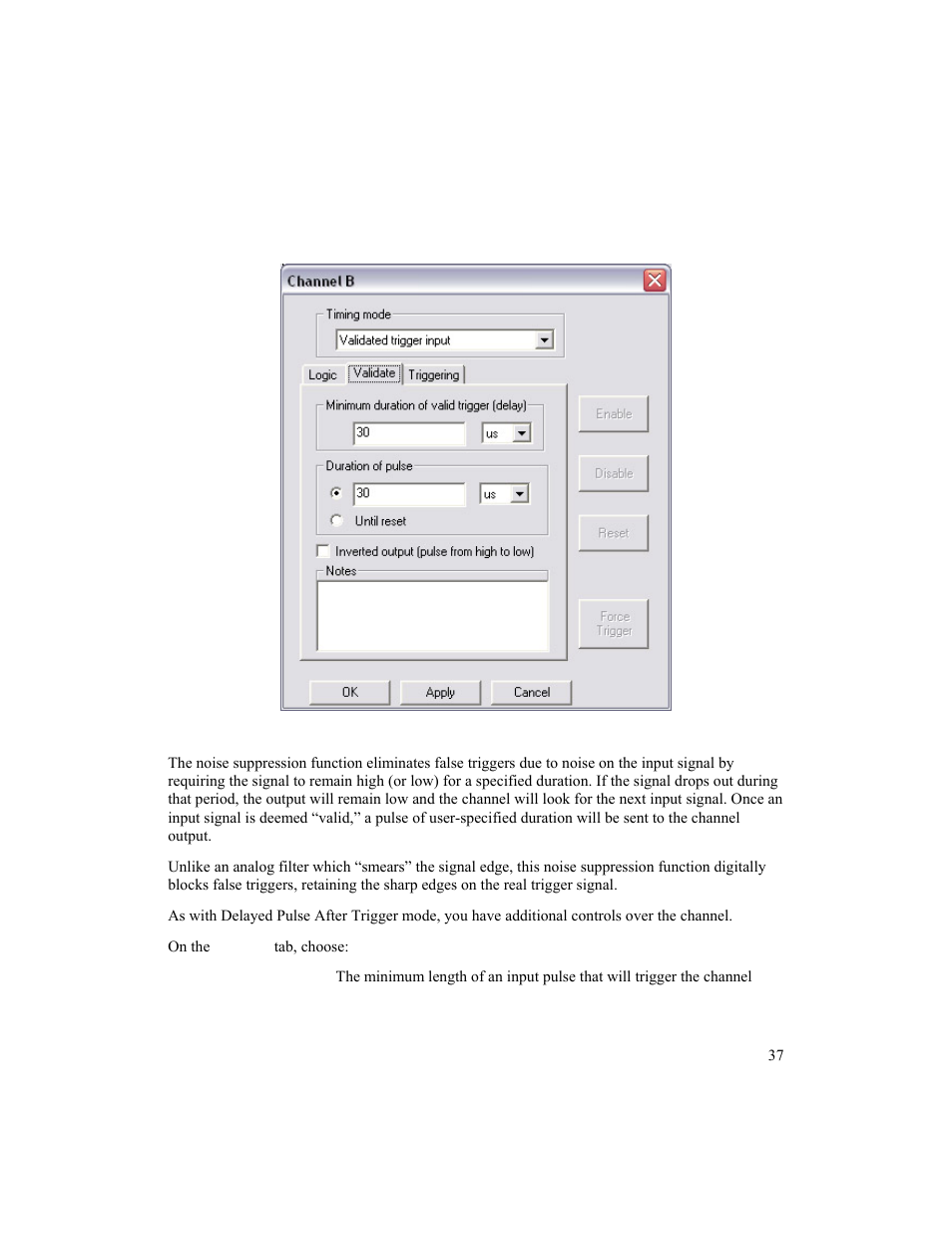 Validated trigger input mode (noise suppression) | BNC 725 User Manual | Page 37 / 63