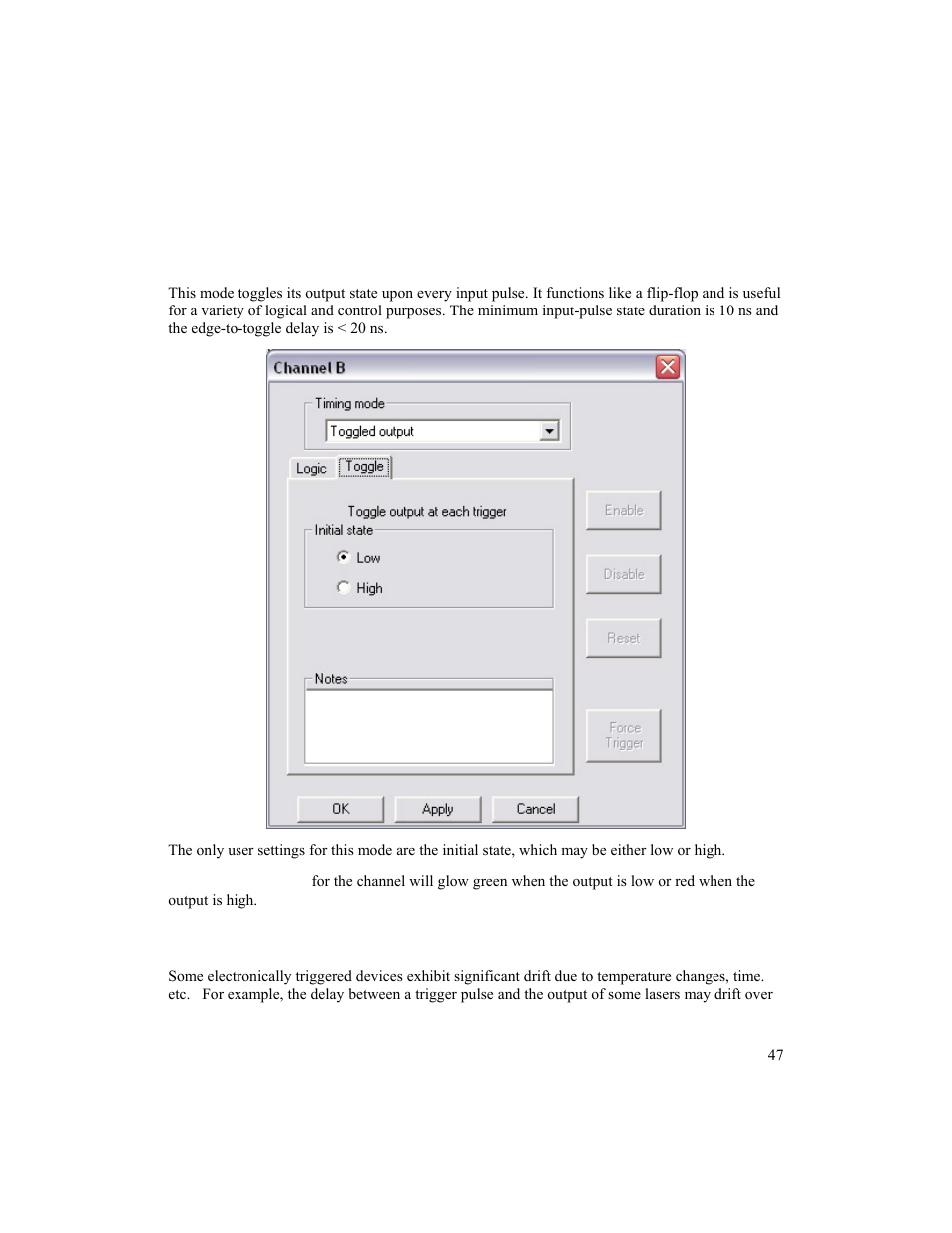 Toggled output mode, Dynamic delay compensation mode | BNC 725 User Manual | Page 47 / 63