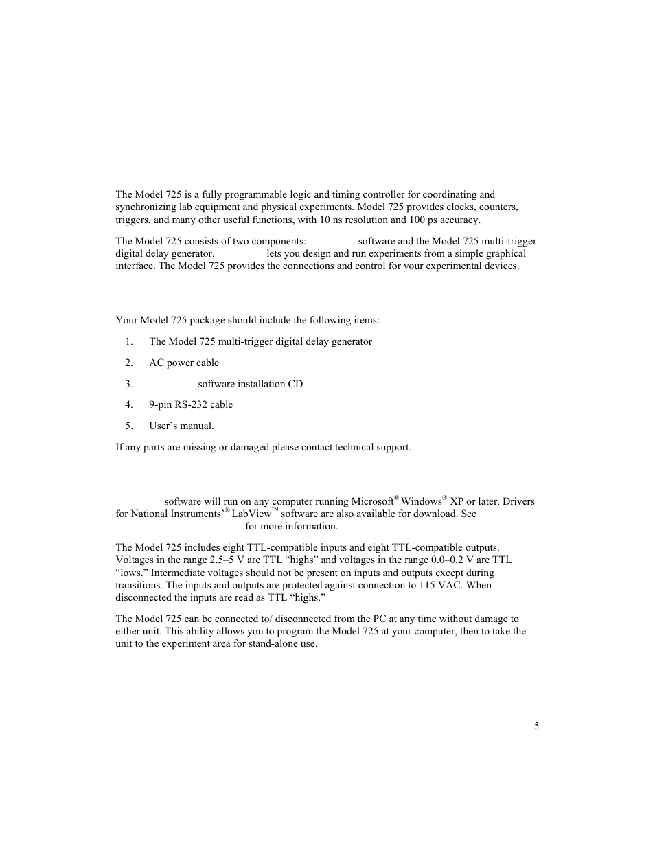 Parts list, Specifications, Introduction | BNC 725 User Manual | Page 5 / 63