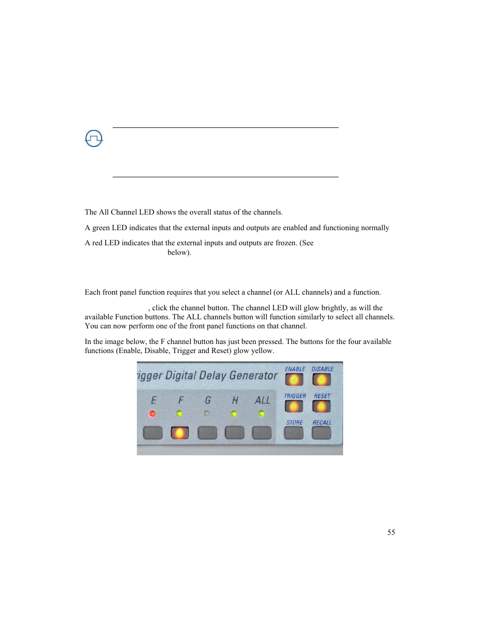 All channel led, Selecting a channel from the front panel | BNC 725 User Manual | Page 55 / 63