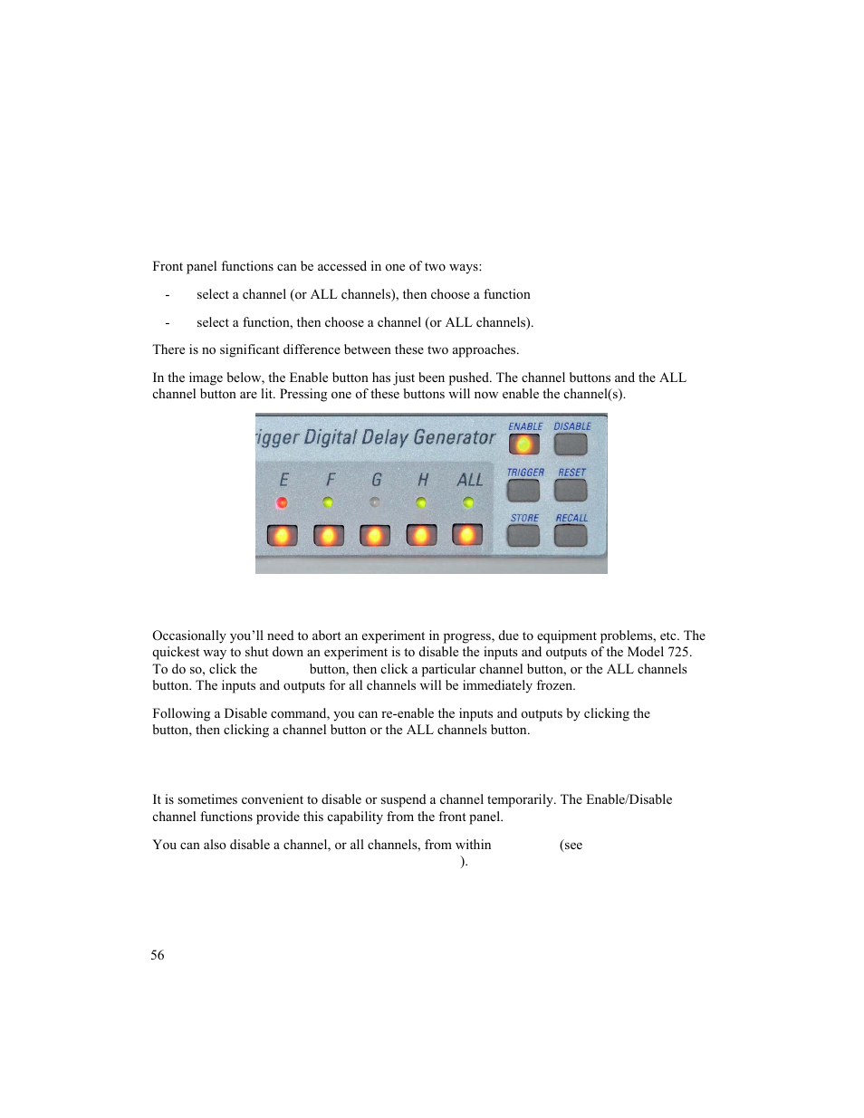 Performing a front panel function, Enable/disable all, Enable/disable channel | BNC 725 User Manual | Page 56 / 63