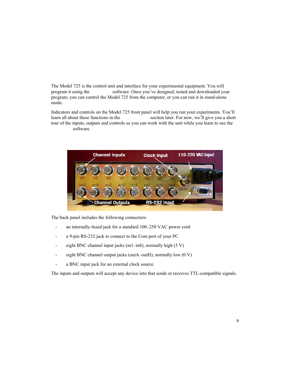 Back panel inputs and outputs, Overview of model 725 controls | BNC 725 User Manual | Page 9 / 63