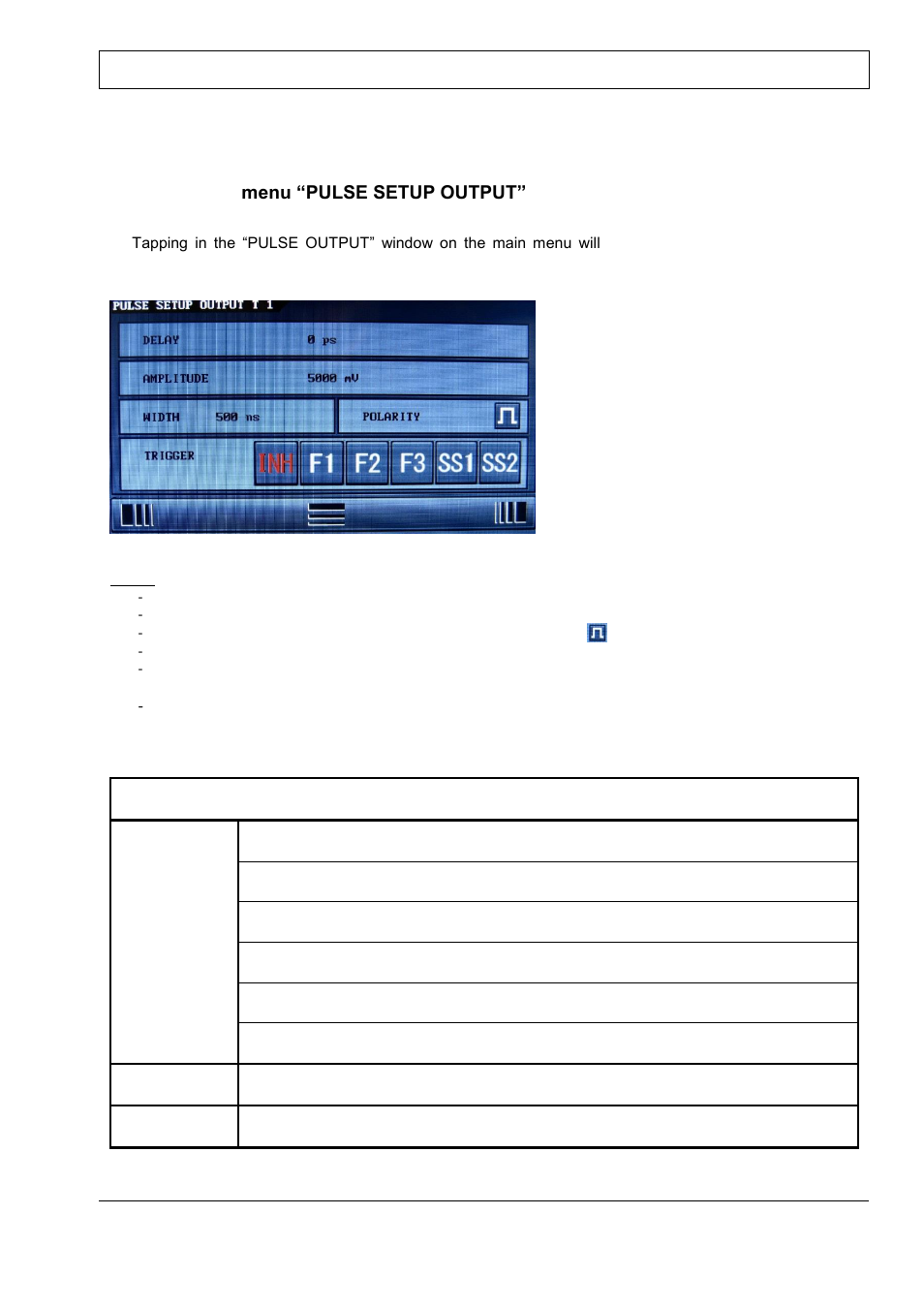 Menu, Pulse, Setup | Output, Sub- menu “pulse setup output | BNC 745-20C-T User Manual | Page 12 / 30