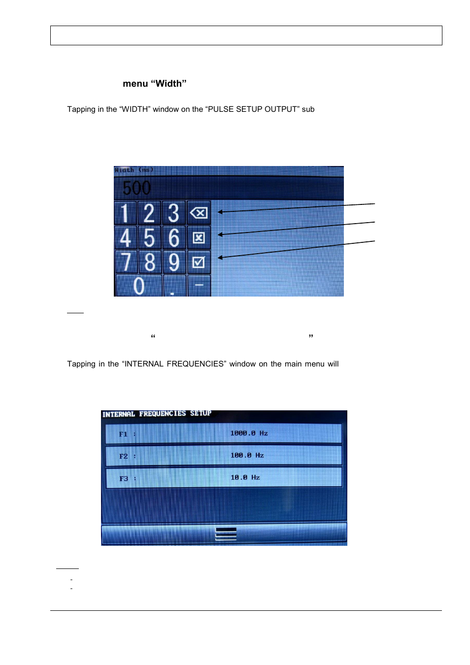 Menu, Idth, Internal | Frequencies, Setup | BNC 745-20C-T User Manual | Page 15 / 30