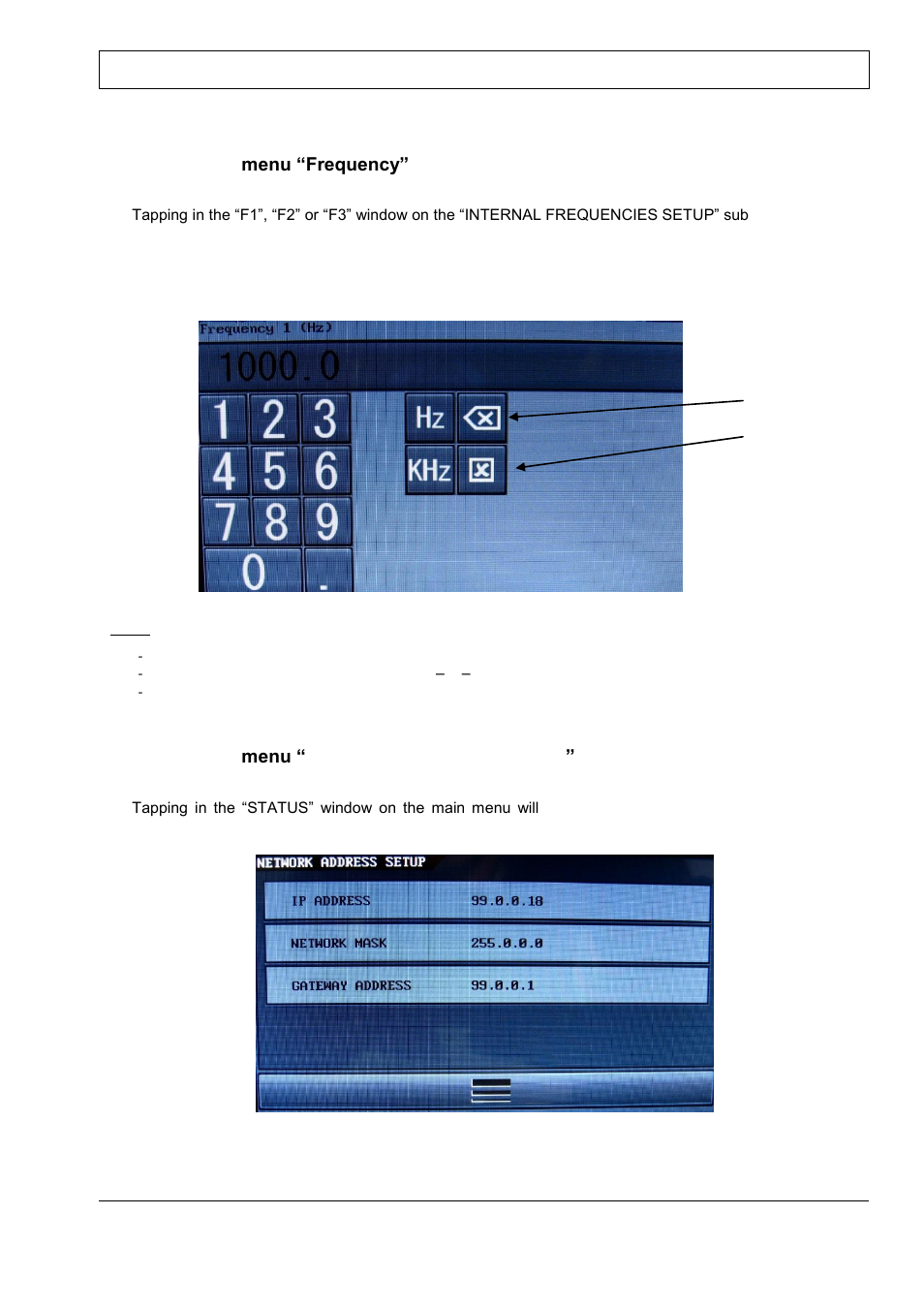 Menu, Requency, Network | Address, Setup | BNC 745-20C-T User Manual | Page 16 / 30