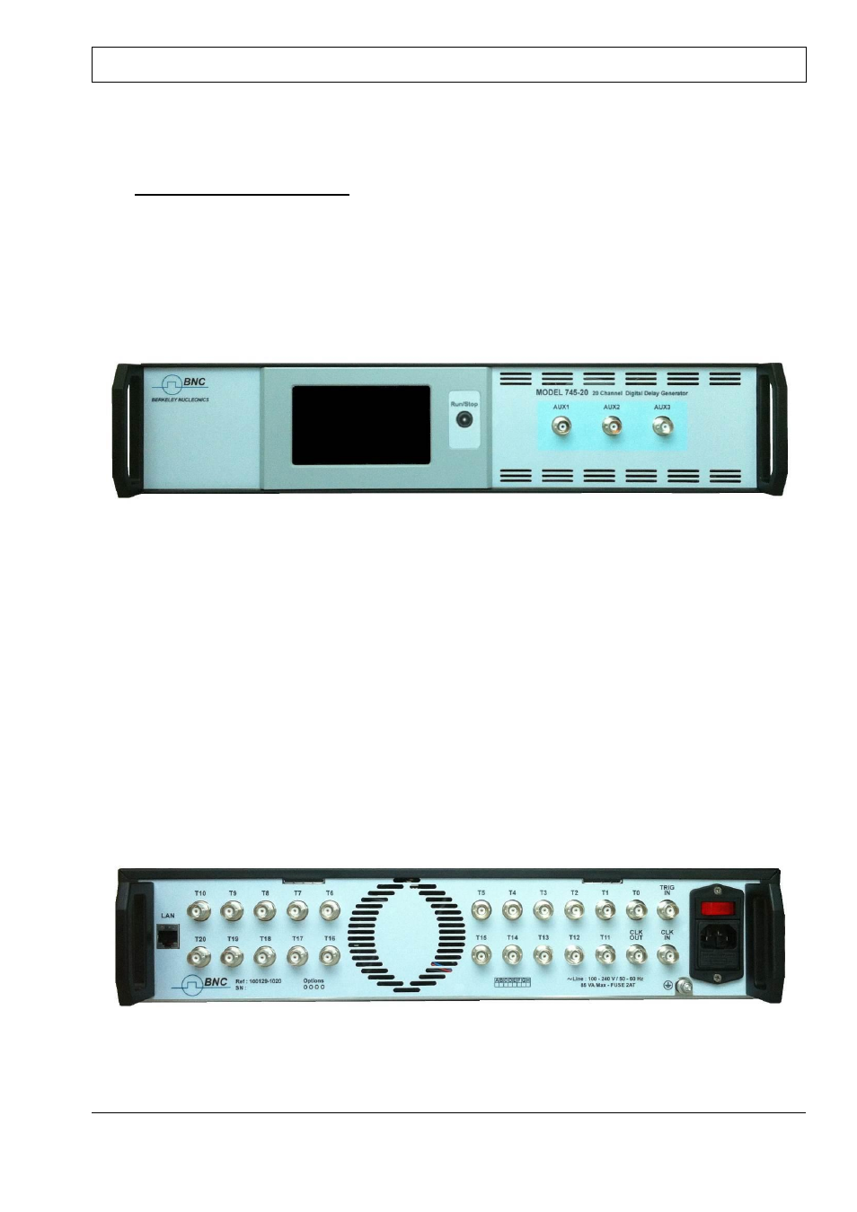 Interfaces description, Ront panel, Local interface | Aux 1 to 3, Ear panel | BNC 745-20C-T User Manual | Page 9 / 30