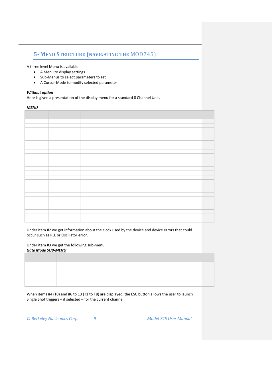 Menu structure (navigating the mod745), Mod745), Tructure | Navigating the | BNC 745 User Manual | Page 10 / 33