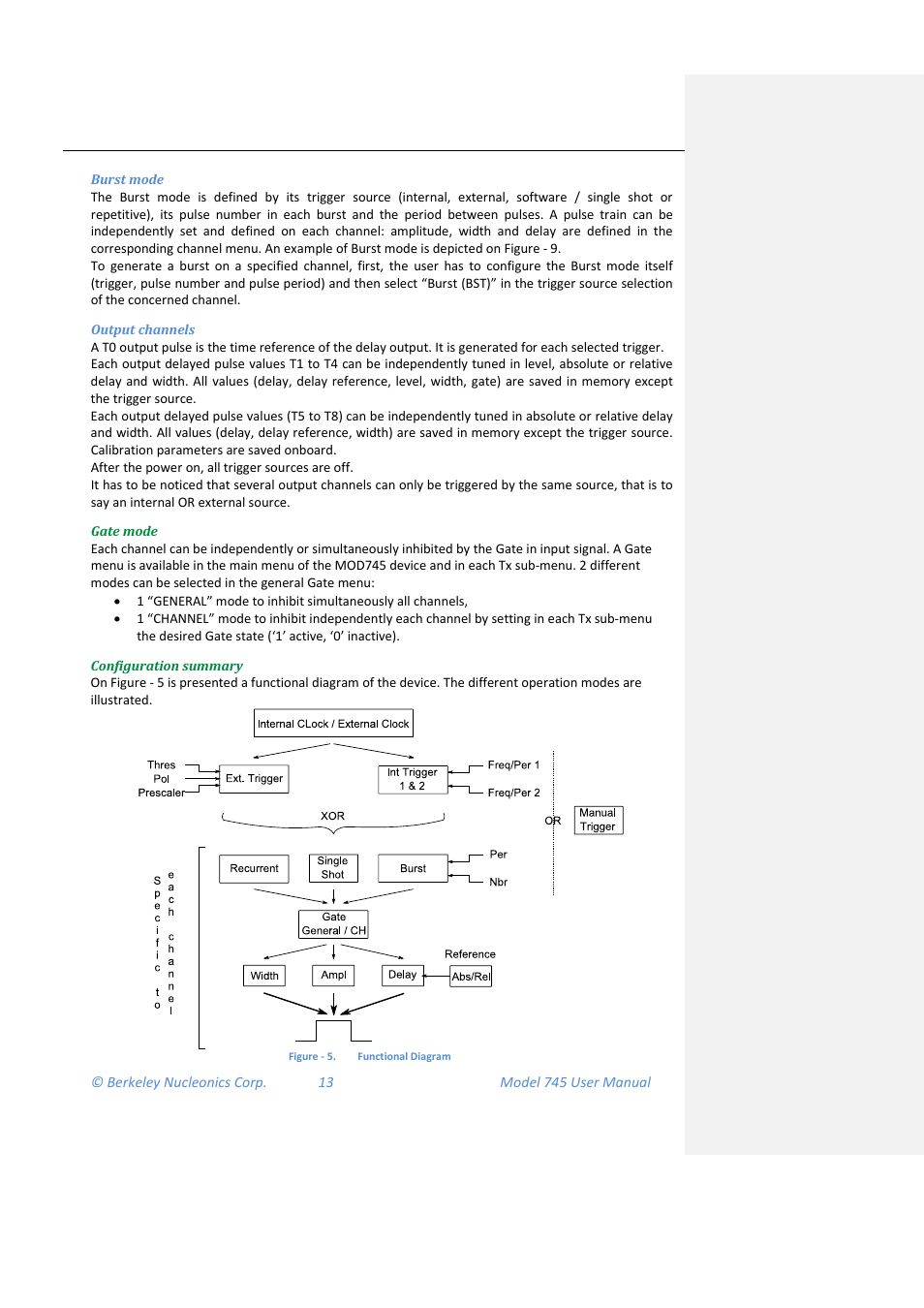 Burst mode, Output channels, Gate mode | Configuration summary | BNC 745 User Manual | Page 14 / 33