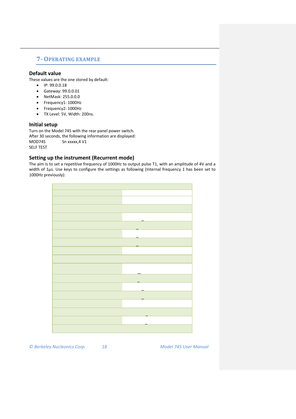 Operating example, Default value, Initial setup | Setting up the instrument (recurrent mode), Perating example | BNC 745 User Manual | Page 19 / 33