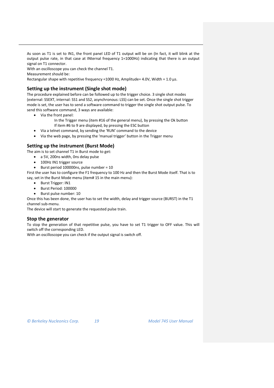 Setting up the instrument (single shot mode), Setting up the instrument (burst mode), Stop the generator | BNC 745 User Manual | Page 20 / 33