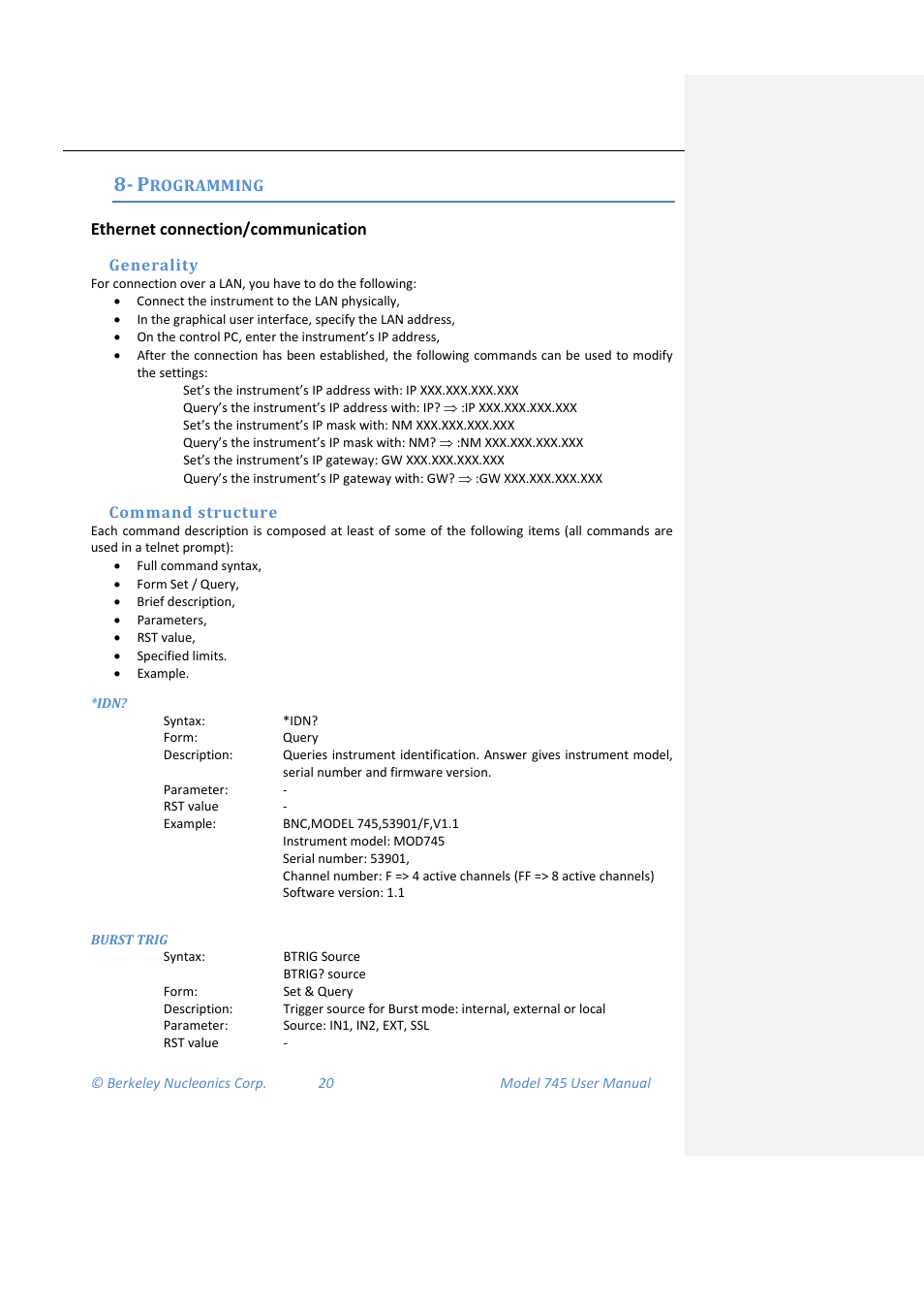 Programming, Ethernet connection/communication, Burst trig | BNC 745 User Manual | Page 21 / 33