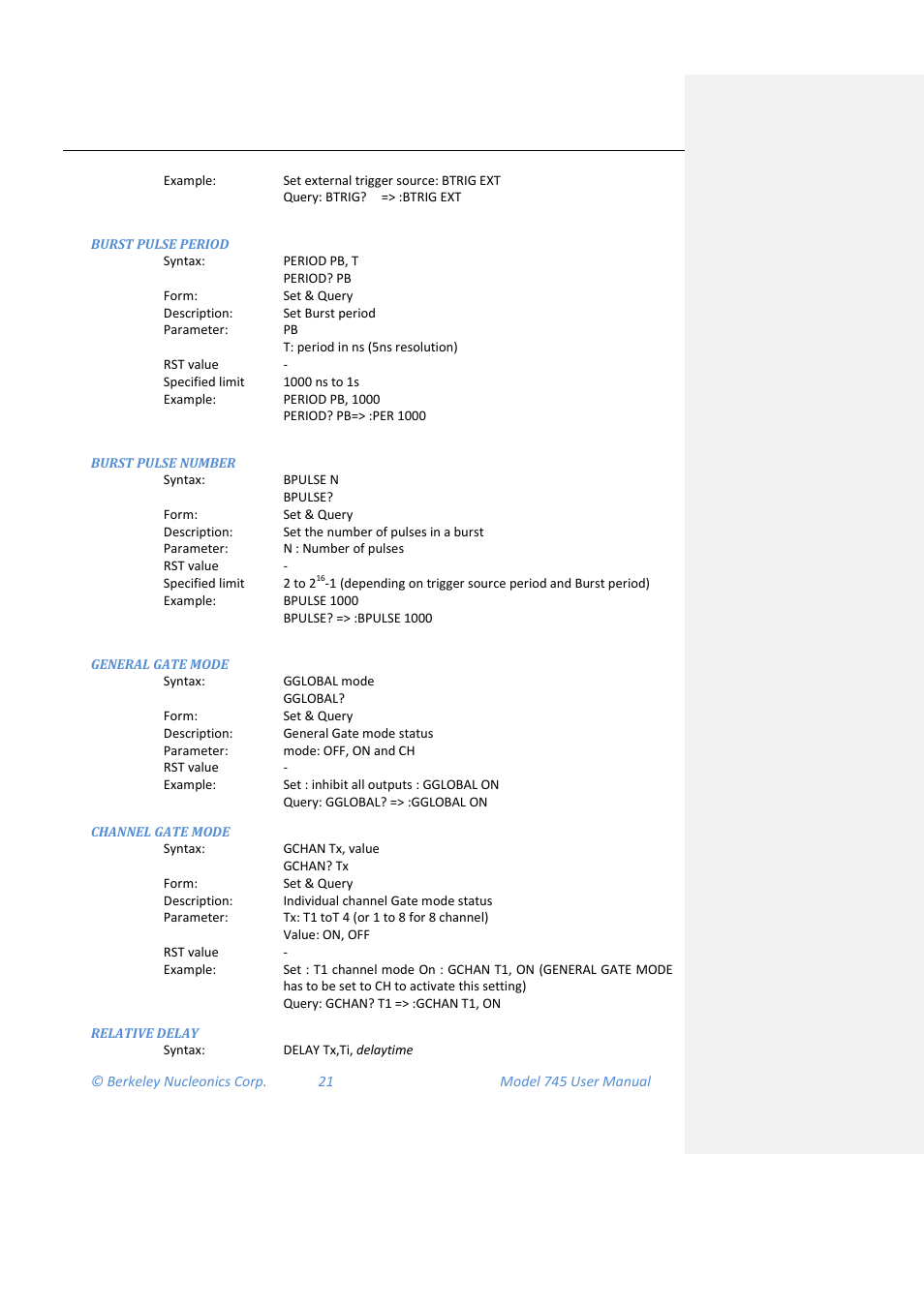 Burst pulse period, Burst pulse number, General gate mode | Channel gate mode, Relative delay | BNC 745 User Manual | Page 22 / 33