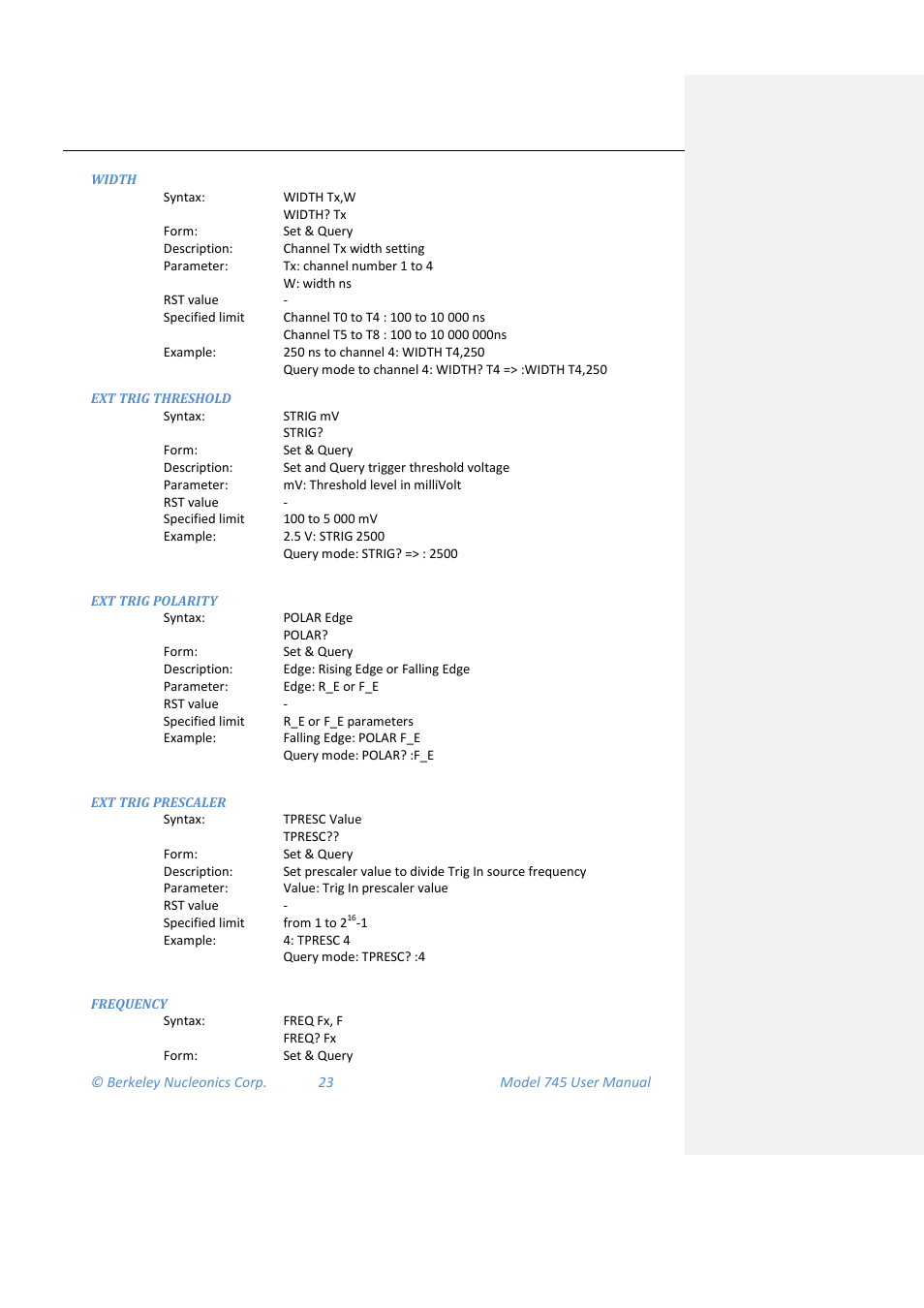 Width, Ext trig threshold, Ext trig polarity | Ext trig prescaler, Frequency | BNC 745 User Manual | Page 24 / 33