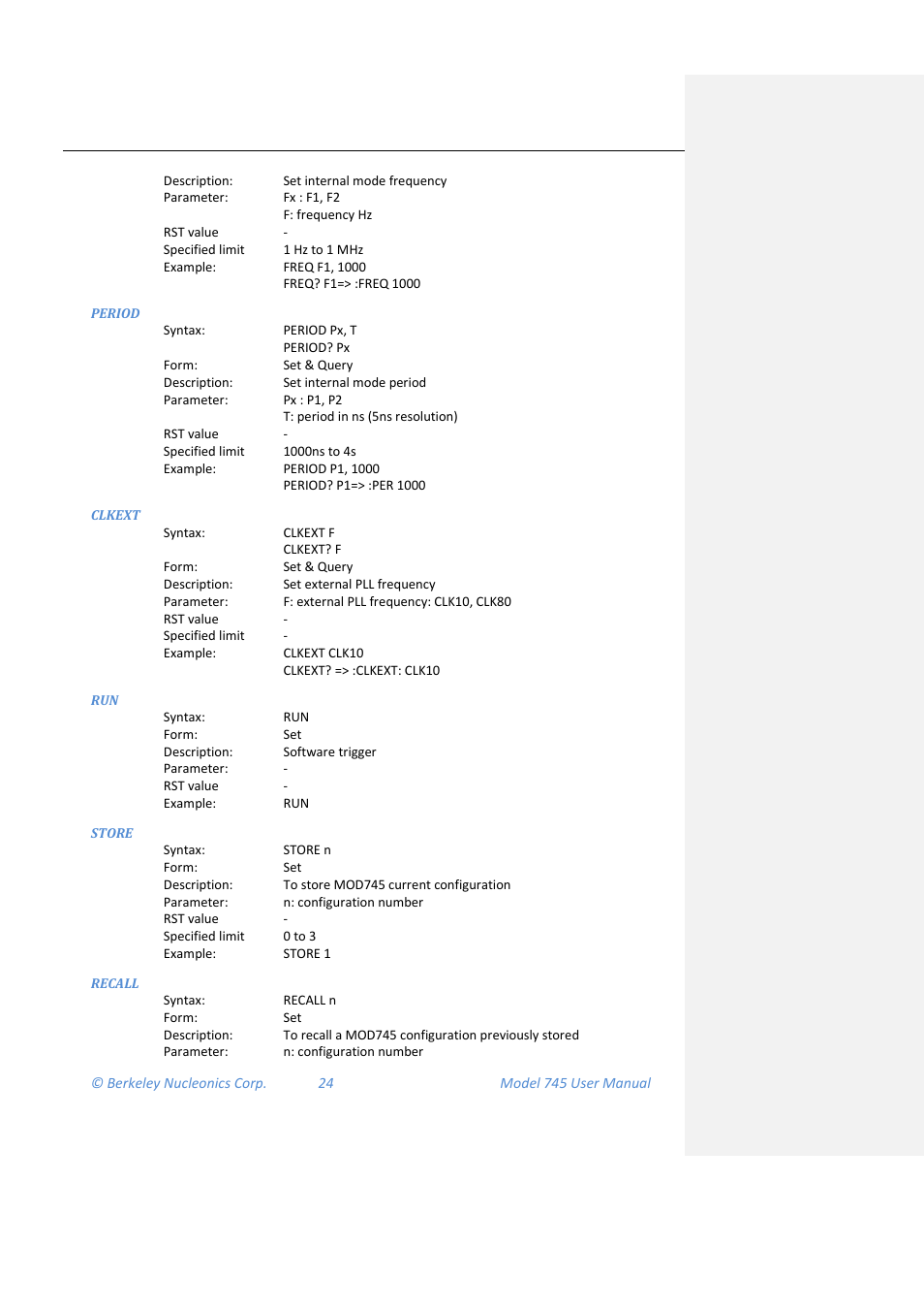 Period, Clkext, Store | Recall | BNC 745 User Manual | Page 25 / 33