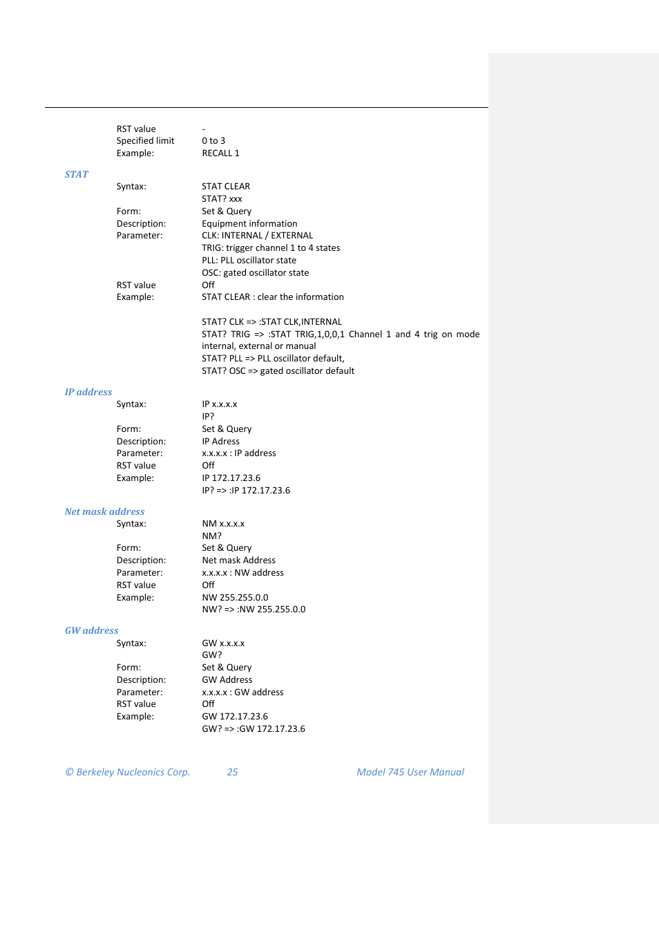 Stat, Ip address, Net mask address | Gw address | BNC 745 User Manual | Page 26 / 33