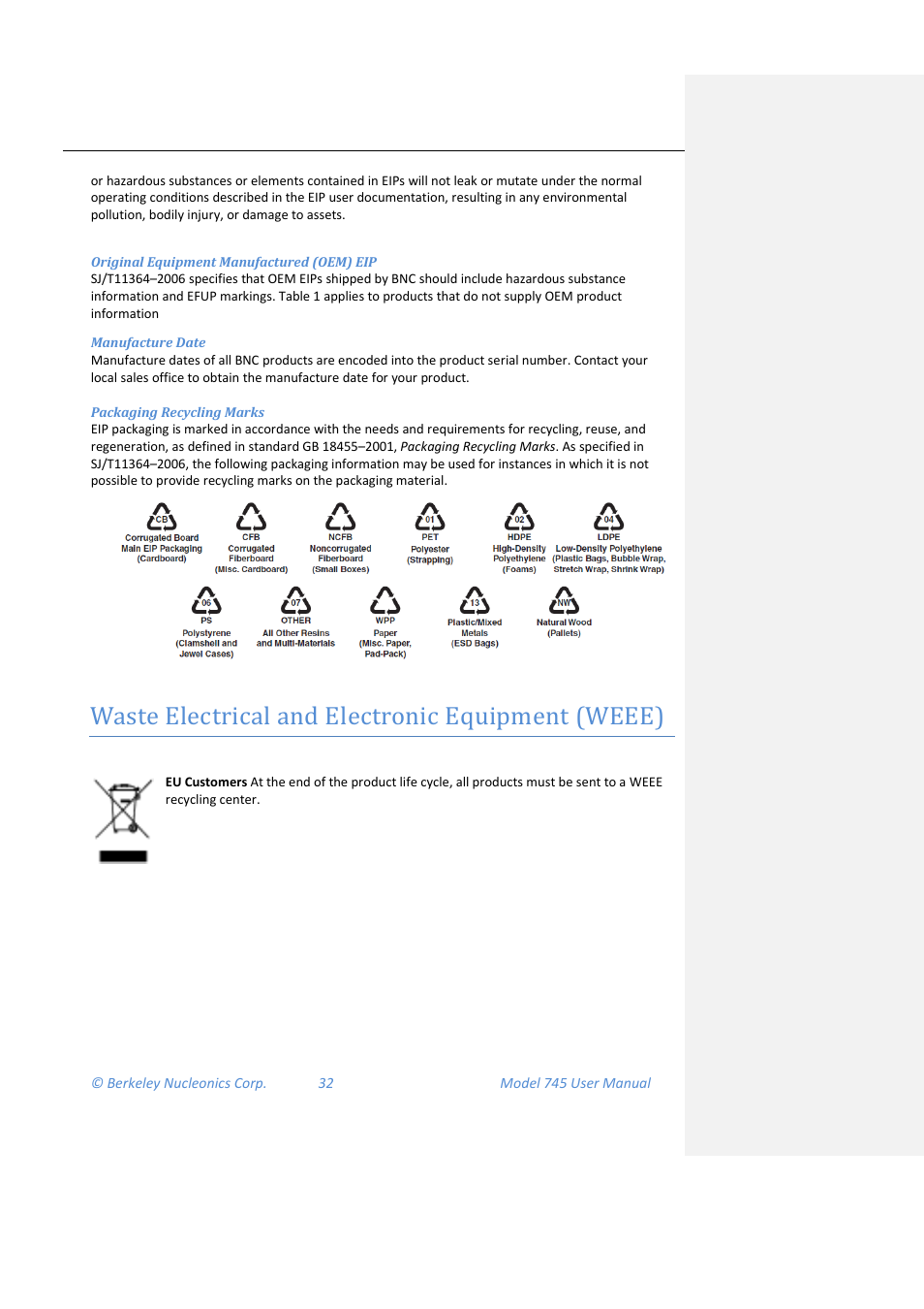 Original equipment manufactured (oem) eip, Manufacture date, Packaging recycling marks | Waste electrical and electronic equipment (weee) | BNC 745 User Manual | Page 33 / 33