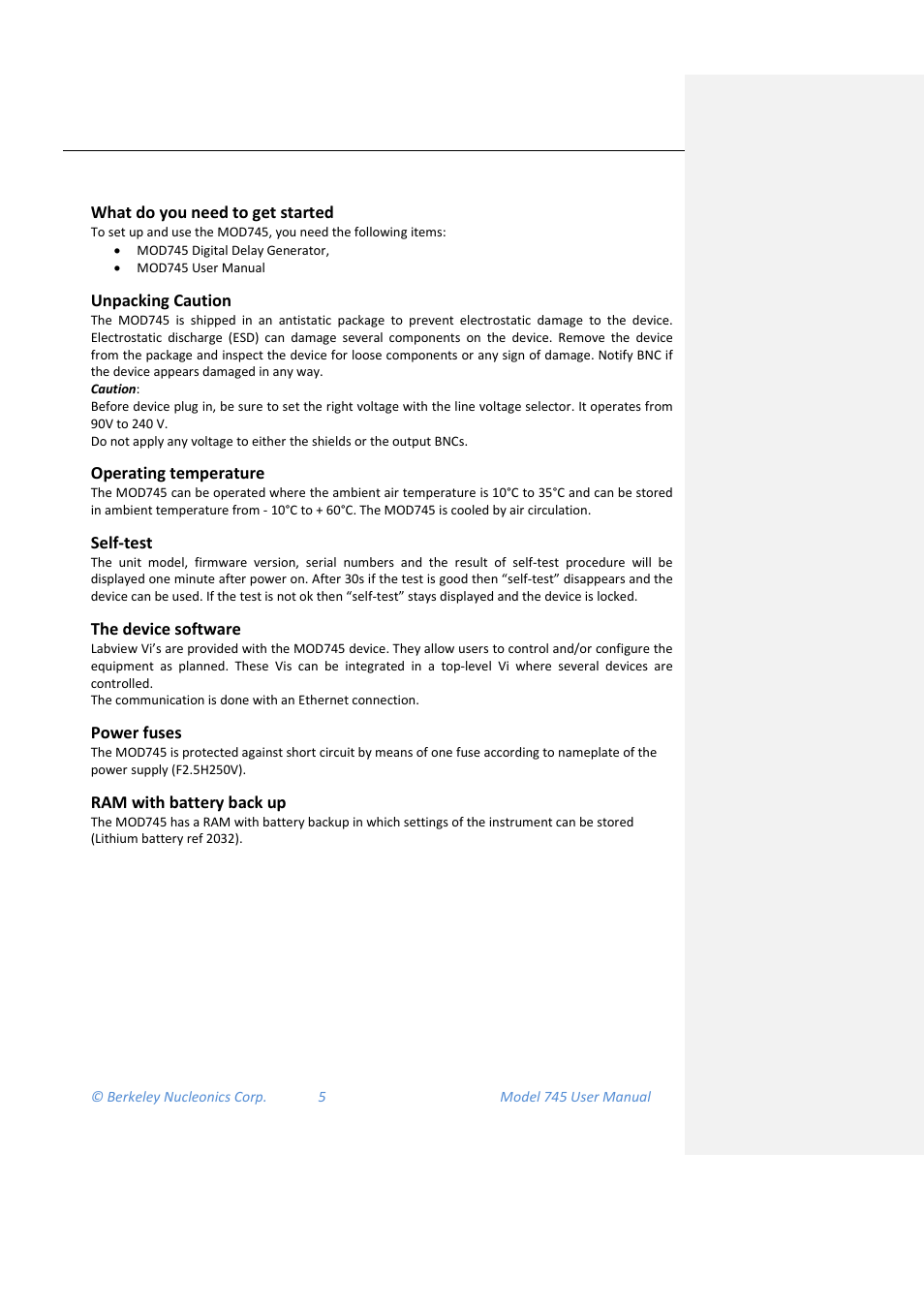 What do you need to get started, Unpacking caution, Operating temperature | Self-test, The device software, Power fuses, Ram with battery back up | BNC 745 User Manual | Page 6 / 33