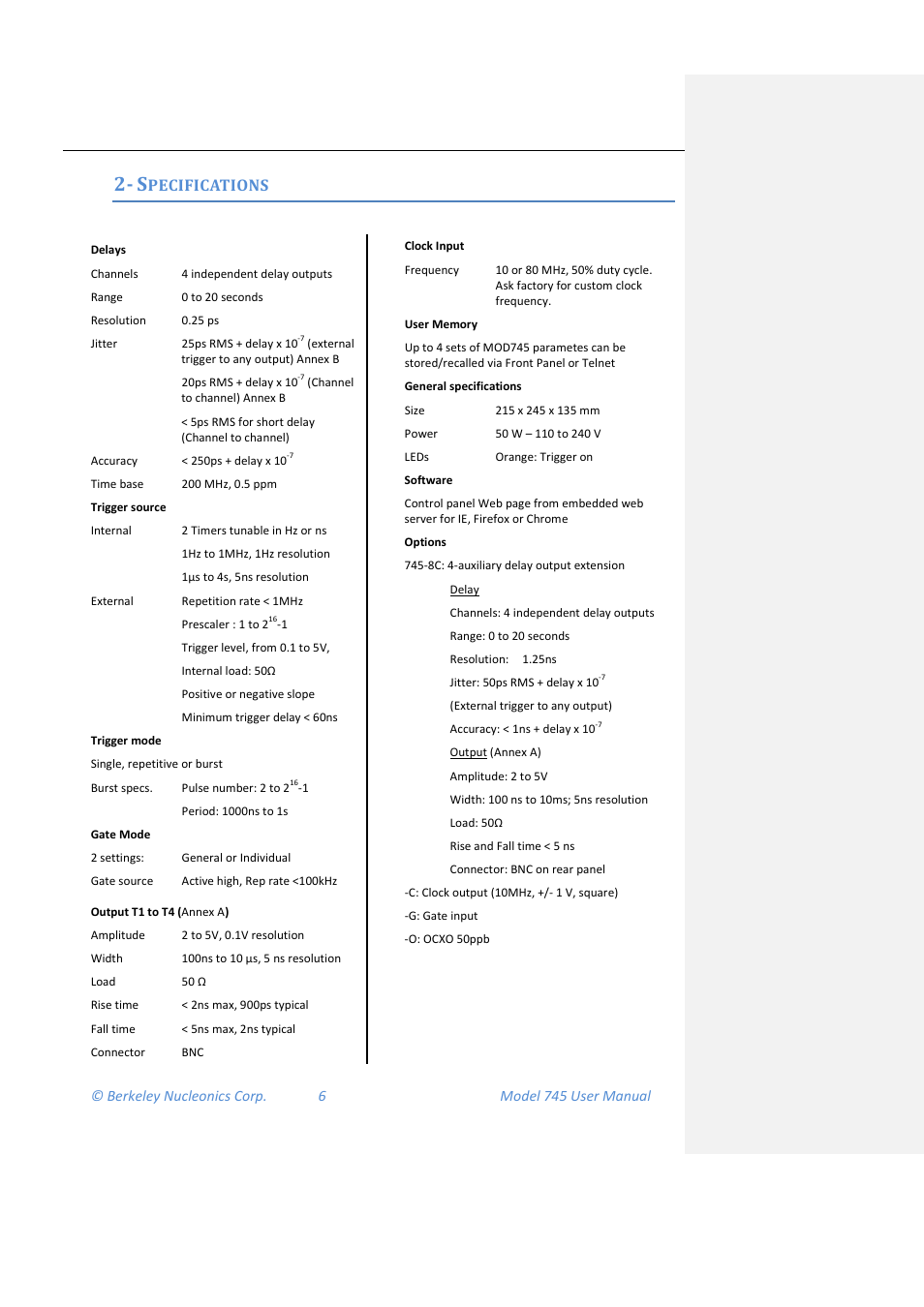 Specifications, Pecifications | BNC 745 User Manual | Page 7 / 33