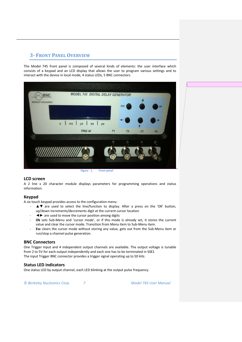 Front panel overview, Lcd screen, Keypad | Bnc connectors, Status led indicators, Bncs, Led indicators | BNC 745 User Manual | Page 8 / 33