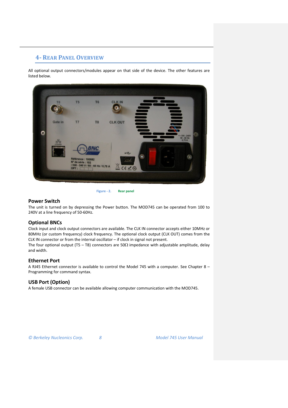 Rear panel overview, Power switch, Optional bncs | Ethernet port, Usb port (option) | BNC 745 User Manual | Page 9 / 33