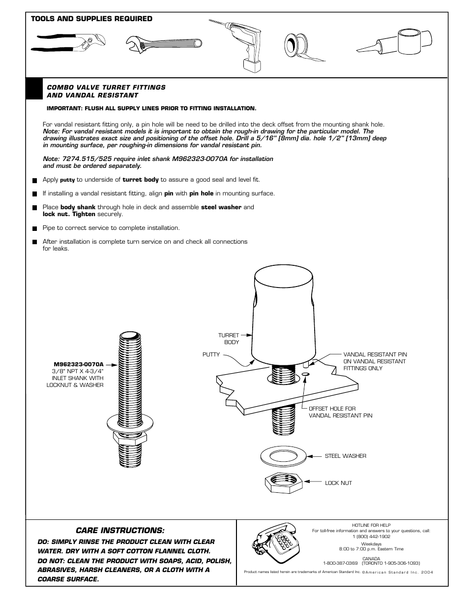 Care instructions | American Standard 7274.525 User Manual | Page 2 / 3