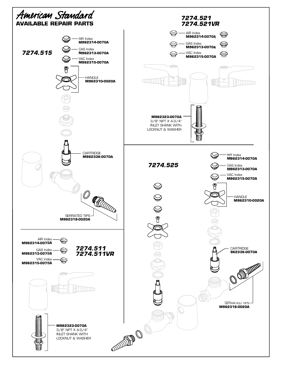 Available repair parts | American Standard 7274.525 User Manual | Page 3 / 3