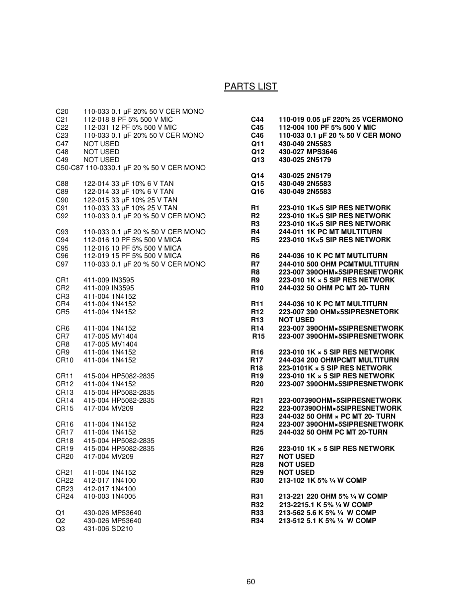 Parts list | BNC 6040 User Manual | Page 60 / 65