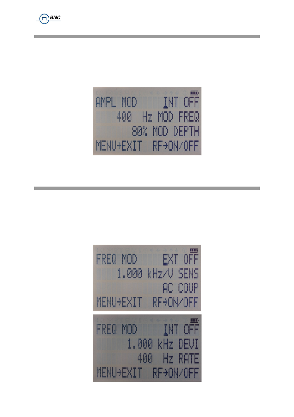 2 amplitude modulation submenu, 3 frequency modulation submenu, Amplitude modulation submenu | Frequency modulation submenu | BNC 835 User Manual User Manual | Page 41 / 54