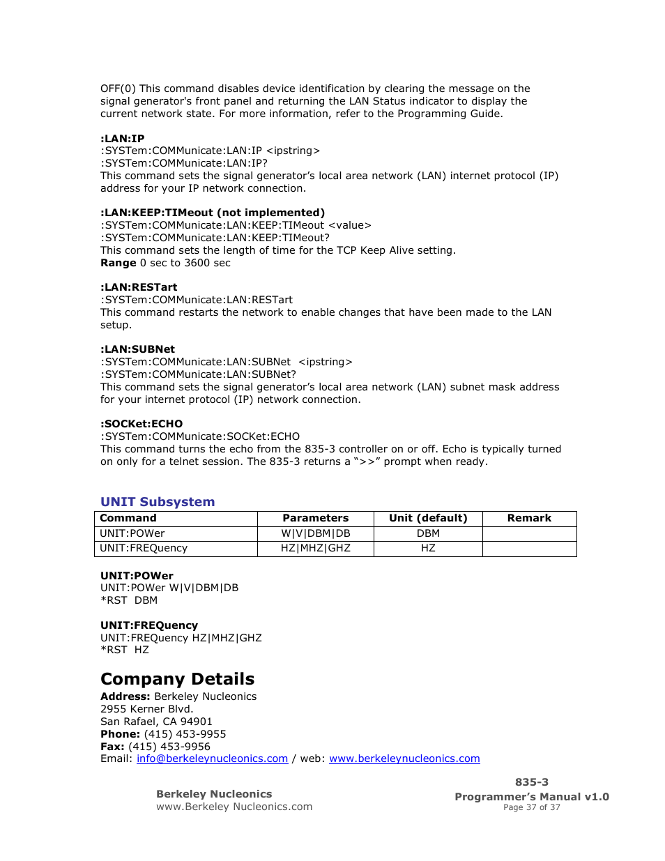 Company details | BNC 835-3 Programmer Manual User Manual | Page 37 / 37
