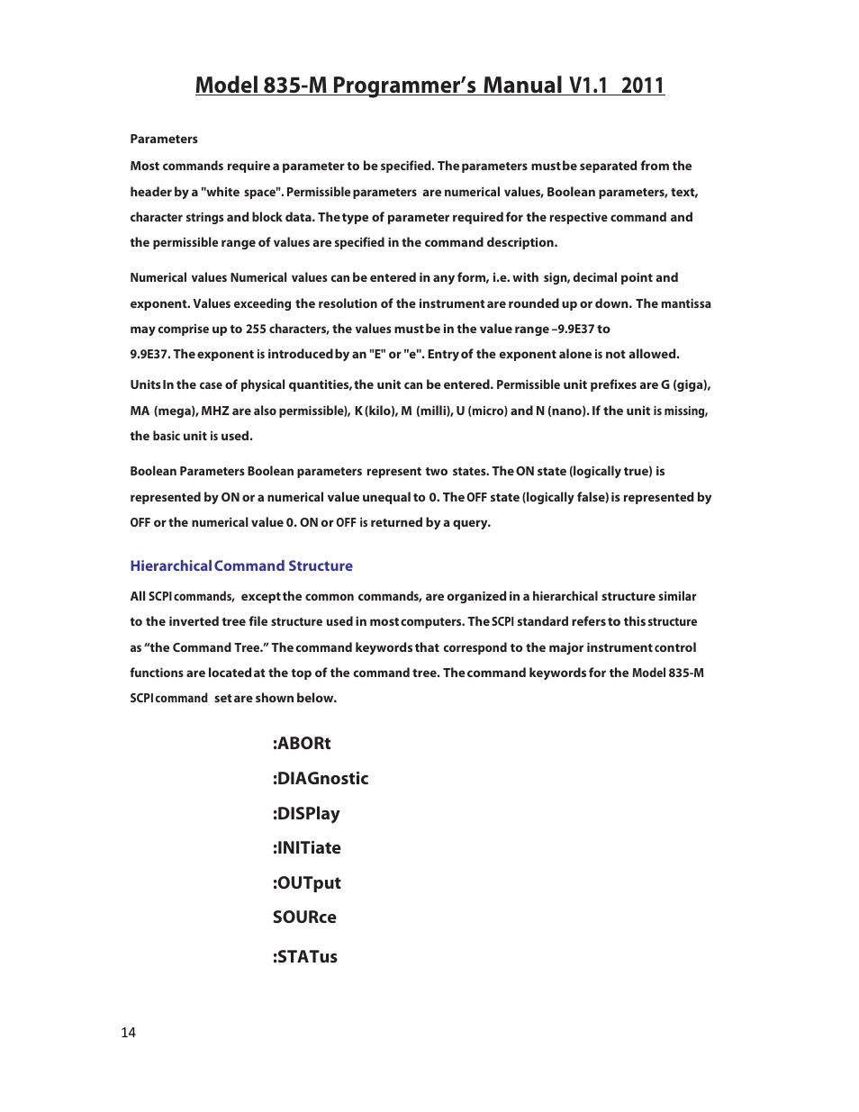 Abort, Diagnostic, Display | Initiate, Output, Source, Status | BNC 835-M User Manual | Page 14 / 52