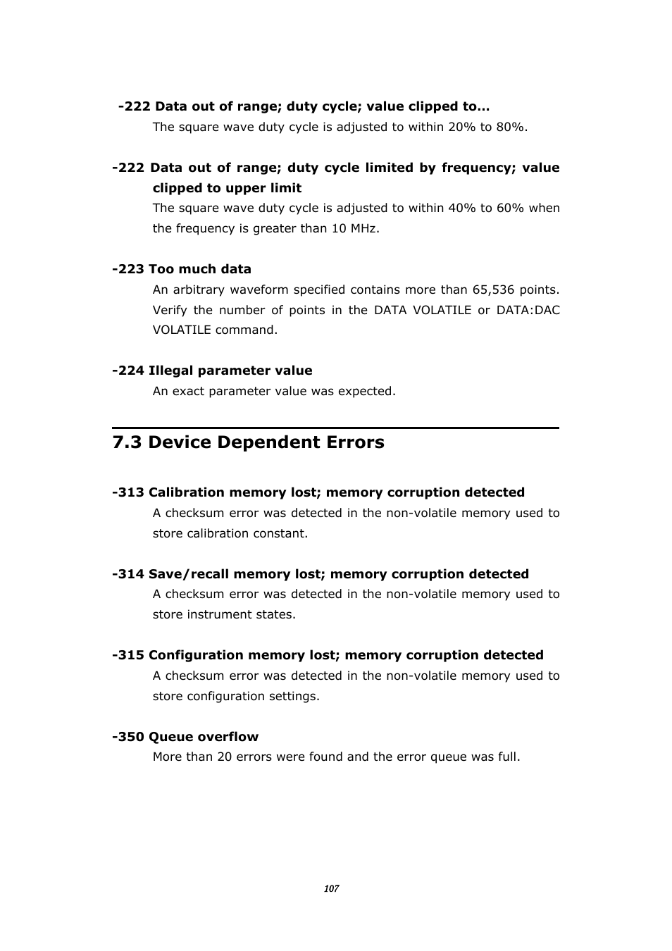 3 device dependent errors, Evice, Ependent | Rrors | BNC 645 User Manual | Page 107 / 190