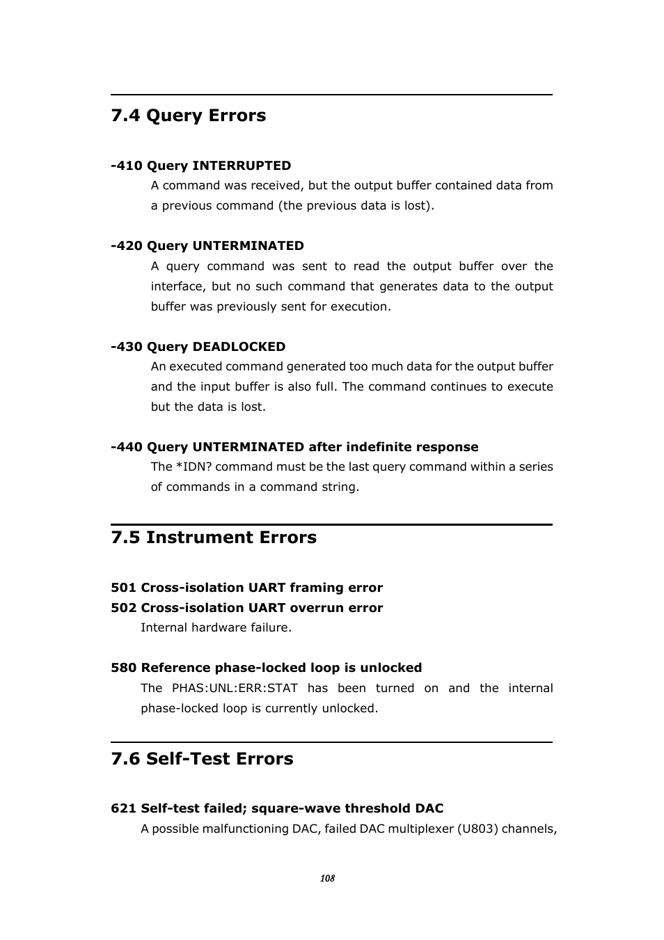 4 query errors, 5 instriment errors, Uery | Rrors, Nstrument, 5 instrument errors, 6 self-test errors | BNC 645 User Manual | Page 108 / 190