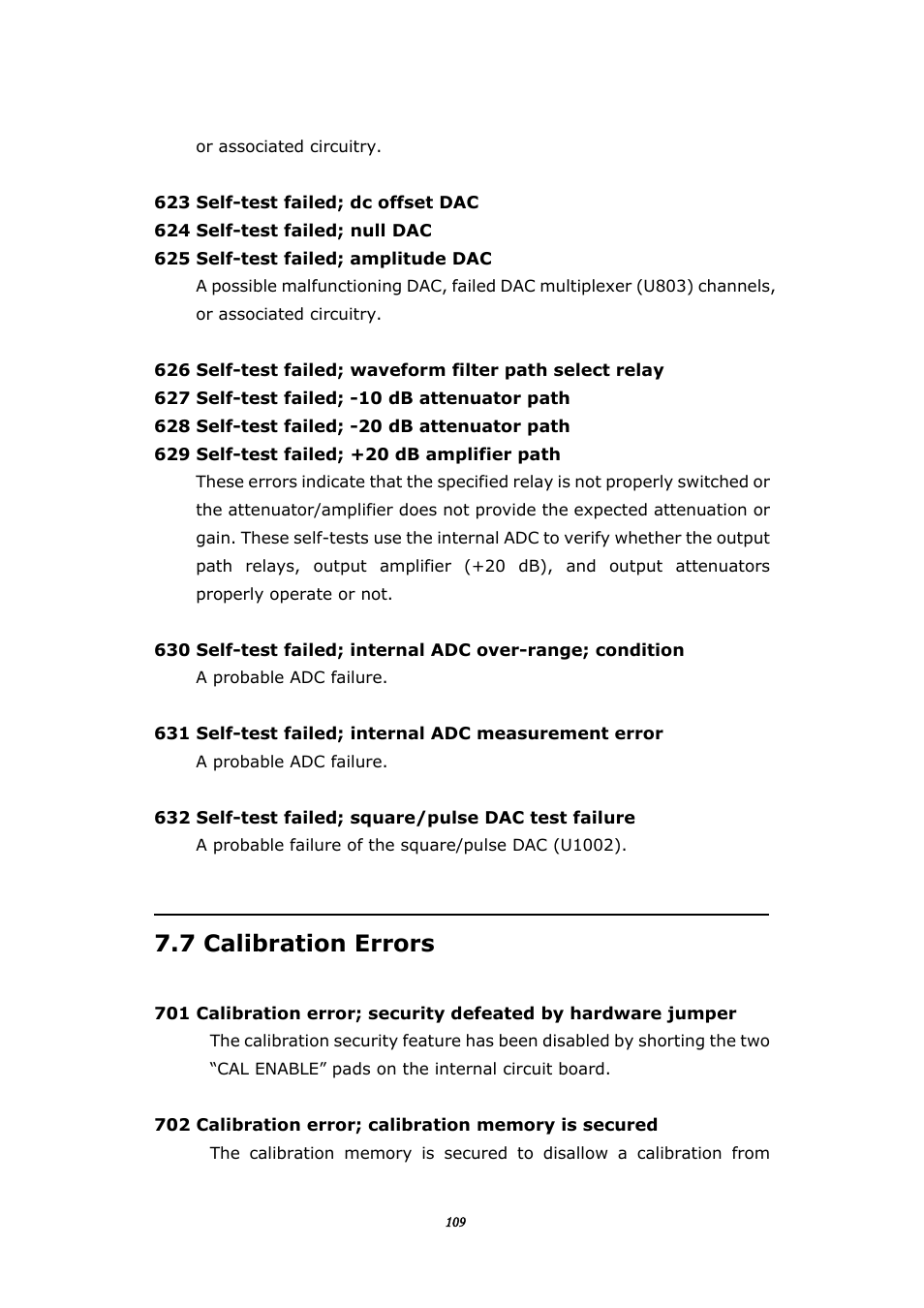 6 self-test errors, 7 calibration errors, Alibration | Rrors | BNC 645 User Manual | Page 109 / 190